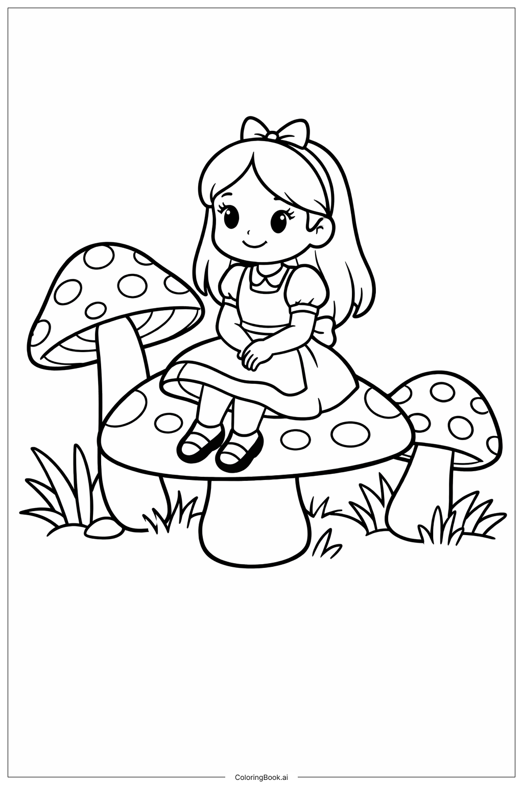  Página para colorir de Alice no País das Maravilhas no Tapete de Cogumelos 