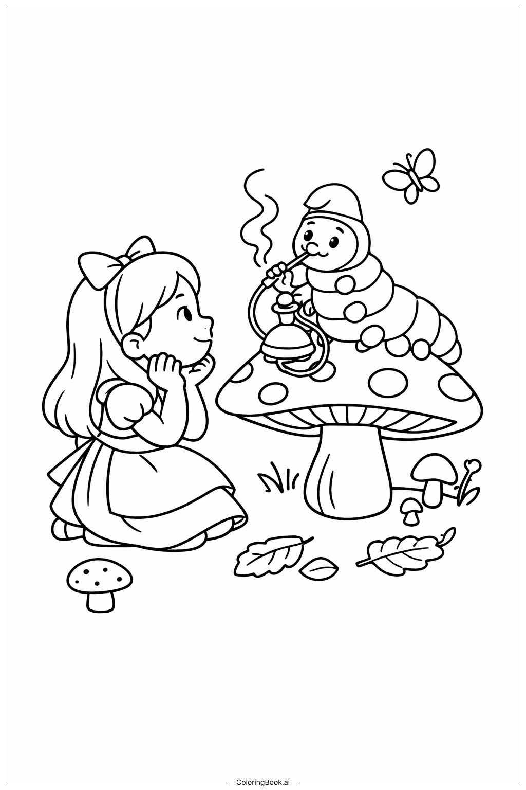  愛麗絲夢遊仙境與蘑菇上的毛毛蟲著色頁 