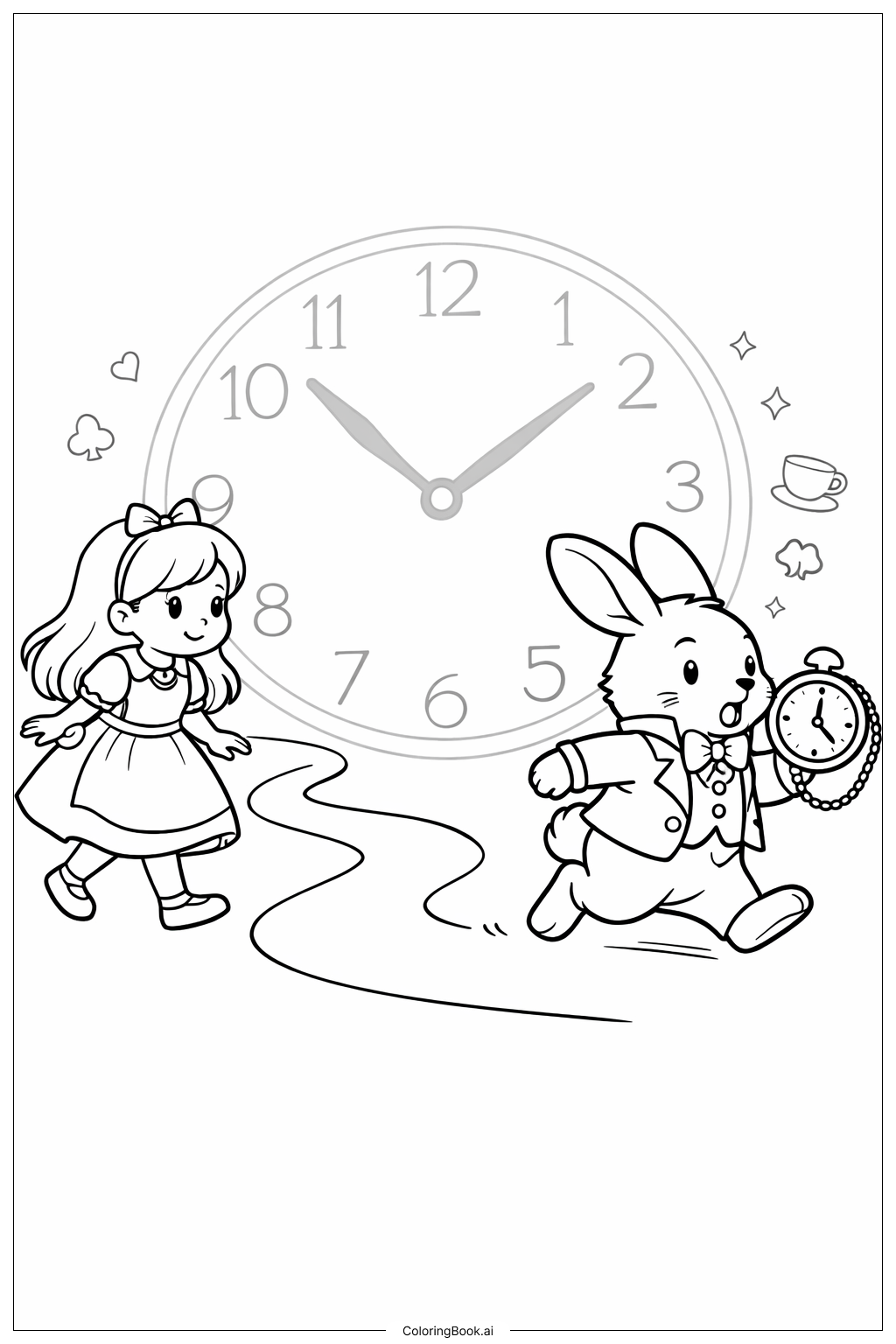  ポケットウォッチを持つ白ウサギと不思議の国のアリスの塗り絵ページ 