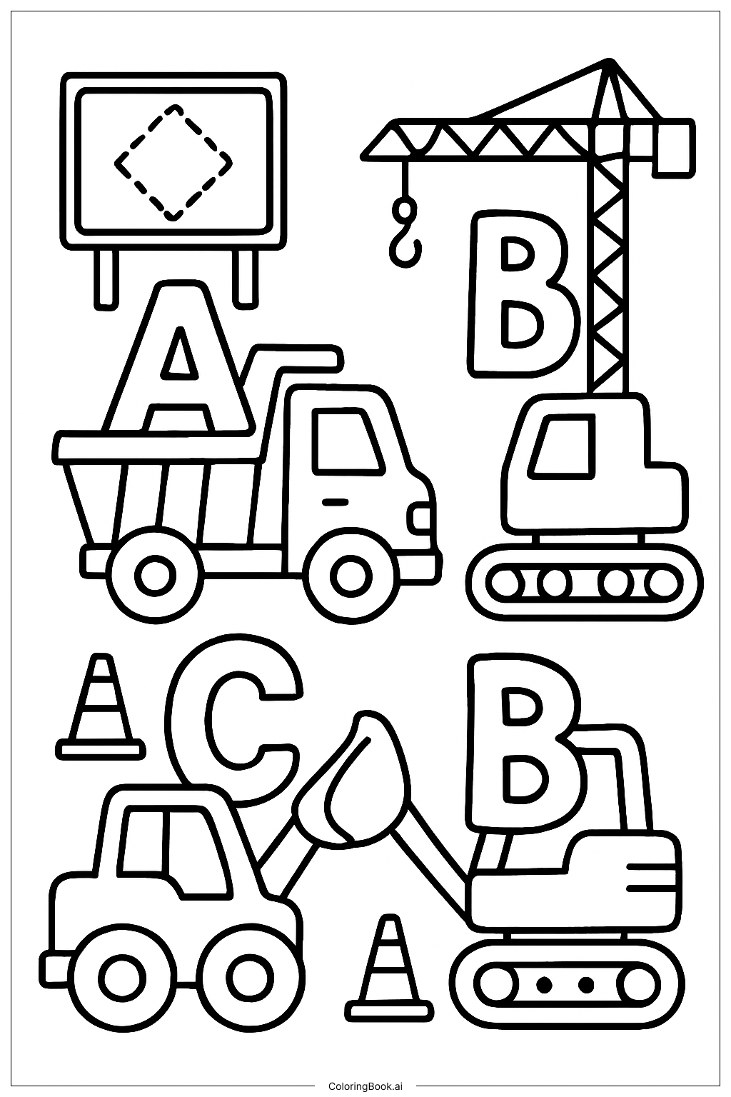  Baustelle mit ABC-Buchstaben Ausmalseite 