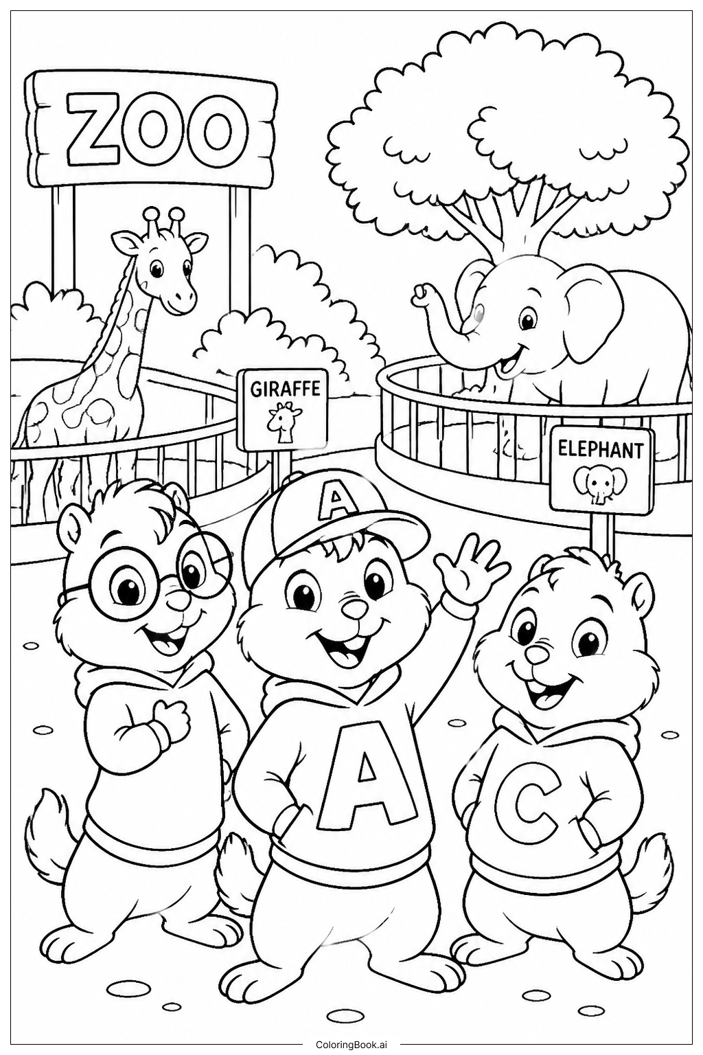  アルビンとチップマンクス　動物園にての塗り絵ページ 