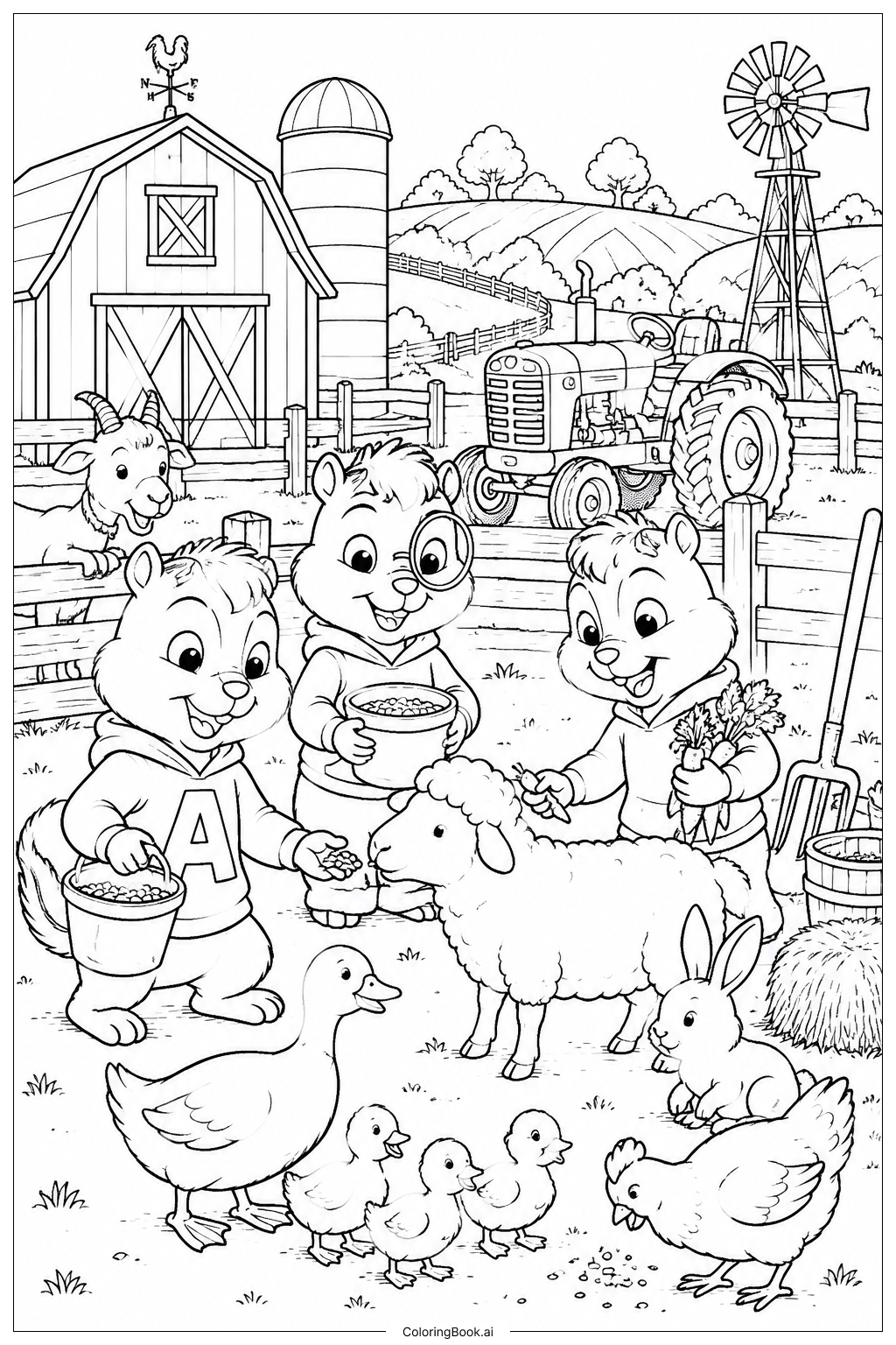  Página para colorir de Alvin e os Esquilos na Fazenda 