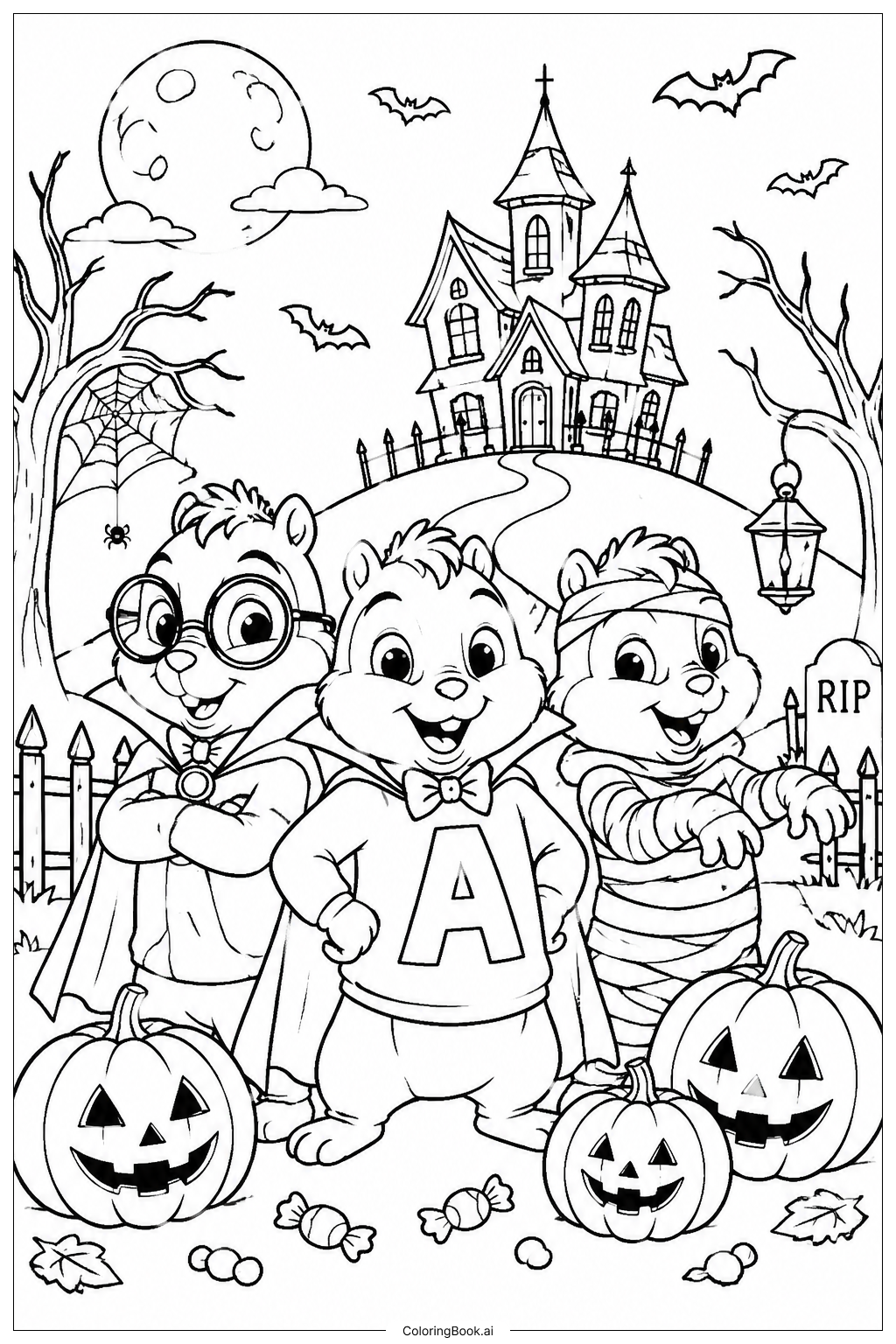  Página para colorir de Alvin e os Esquilos na Noite de Halloween 