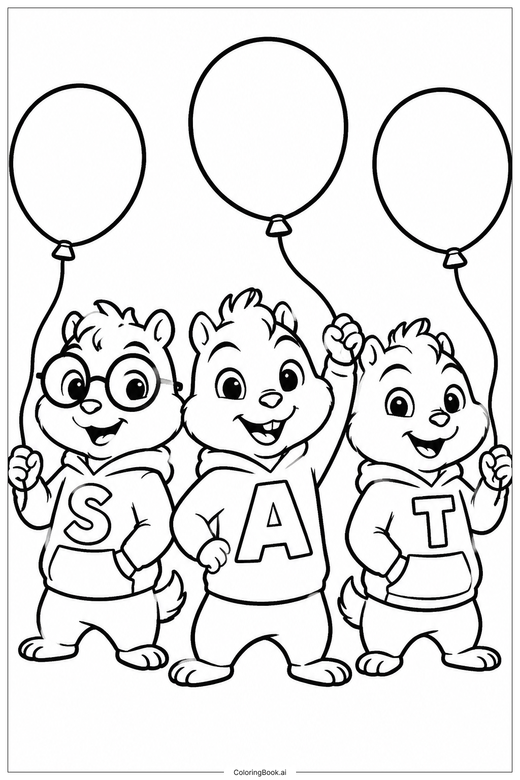 Trang tô màu Alvin And The Chipmunks Holding Balloons