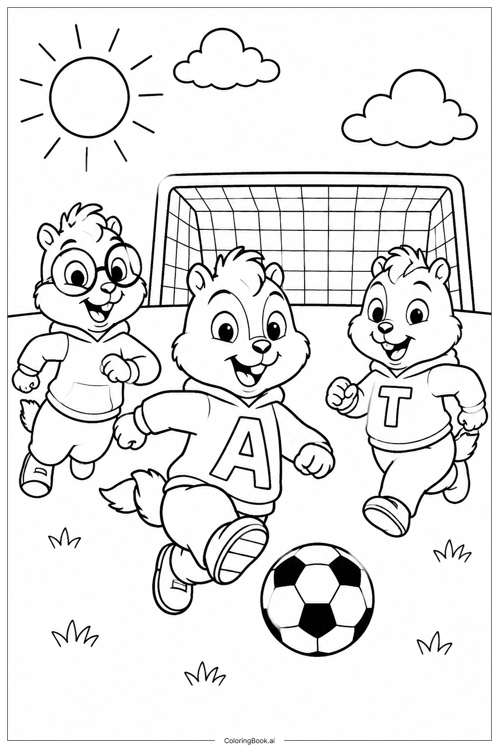  アルビンとチップマンクスのサッカーの塗り絵ページ 