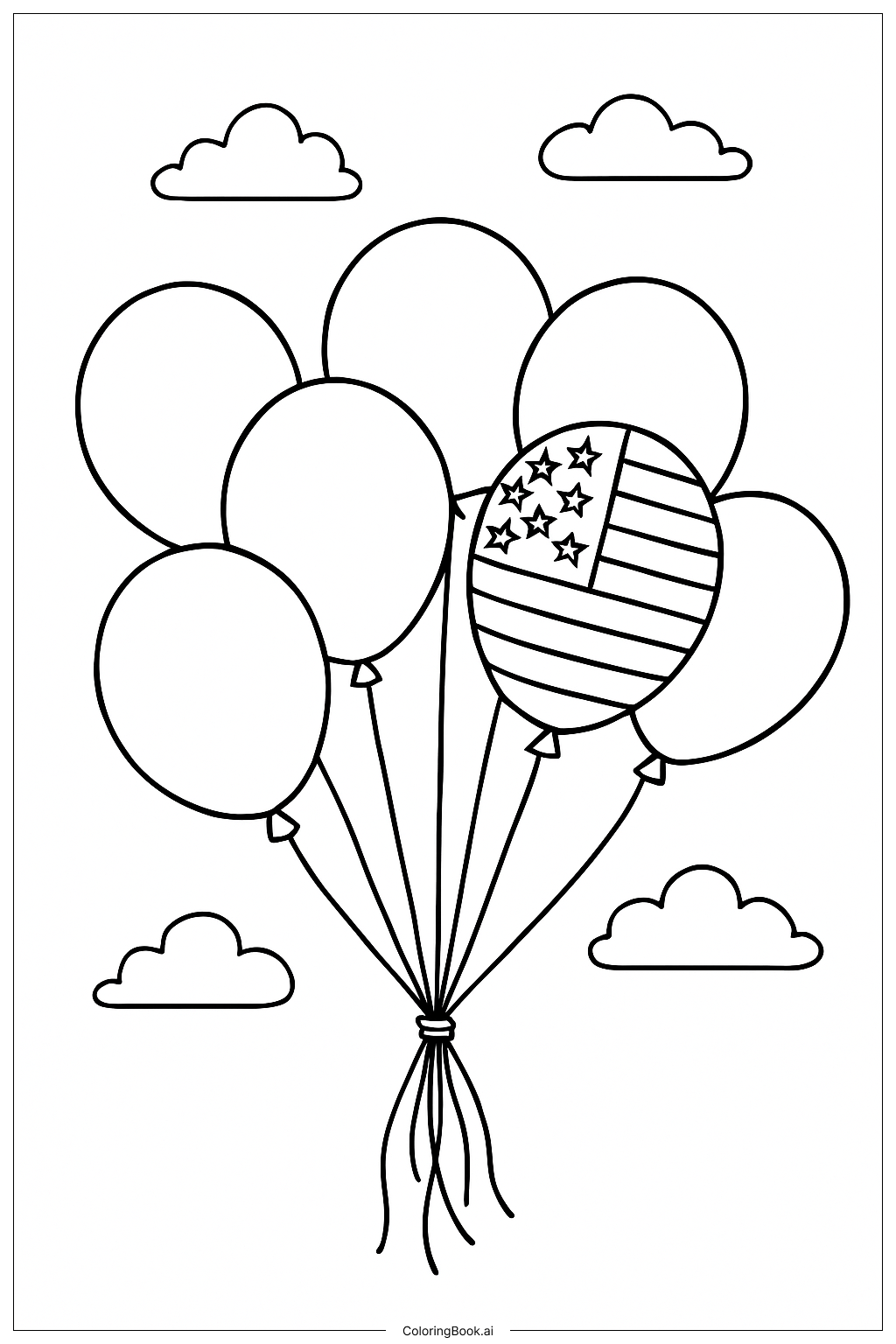 Trang tô màu Bó Bóng Bay Cờ Mỹ