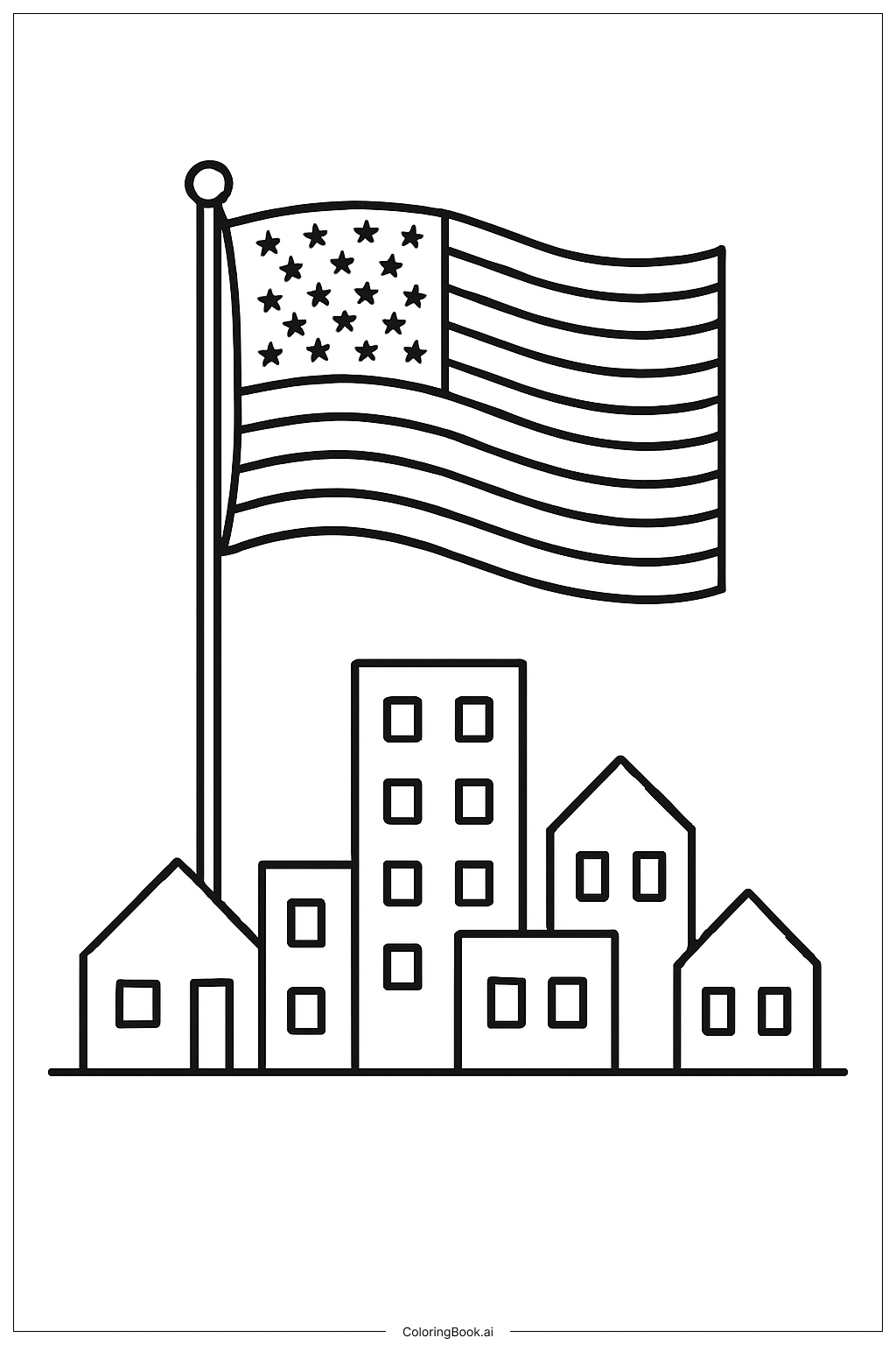 Trang tô màu Lá Cờ Mỹ Trên Bầu Trời Thành Phố