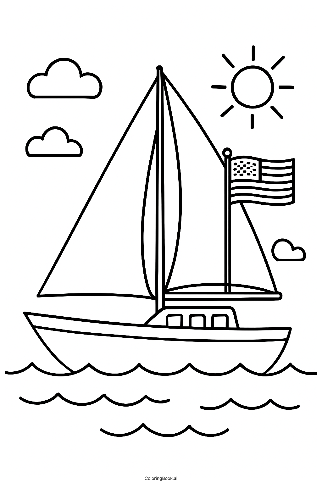 Trang tô màu Thuyền Buồm Cờ Mỹ Trên Mặt Nước