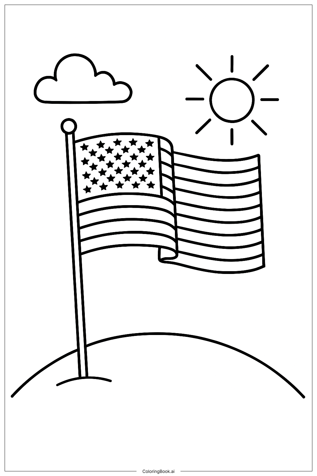 Trang tô màu Lá Cờ Mỹ Đứng Trên Đồi