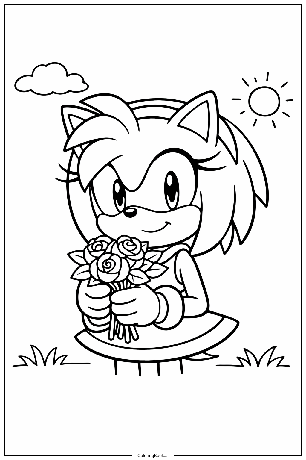  音速小子艾咪手捧玫瑰花束著色頁 