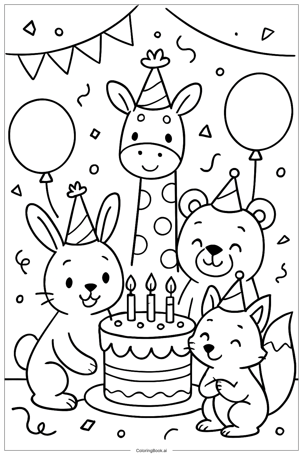 Página para colorir de Festa de Aniversário Animal