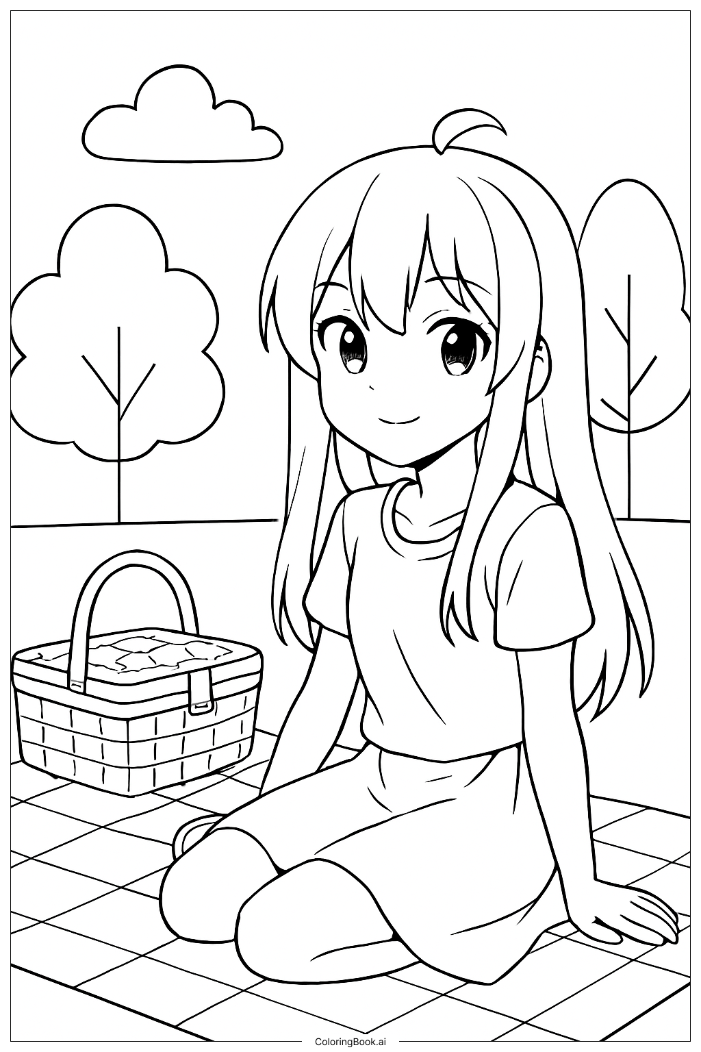  野餐中的動漫女孩著色頁 