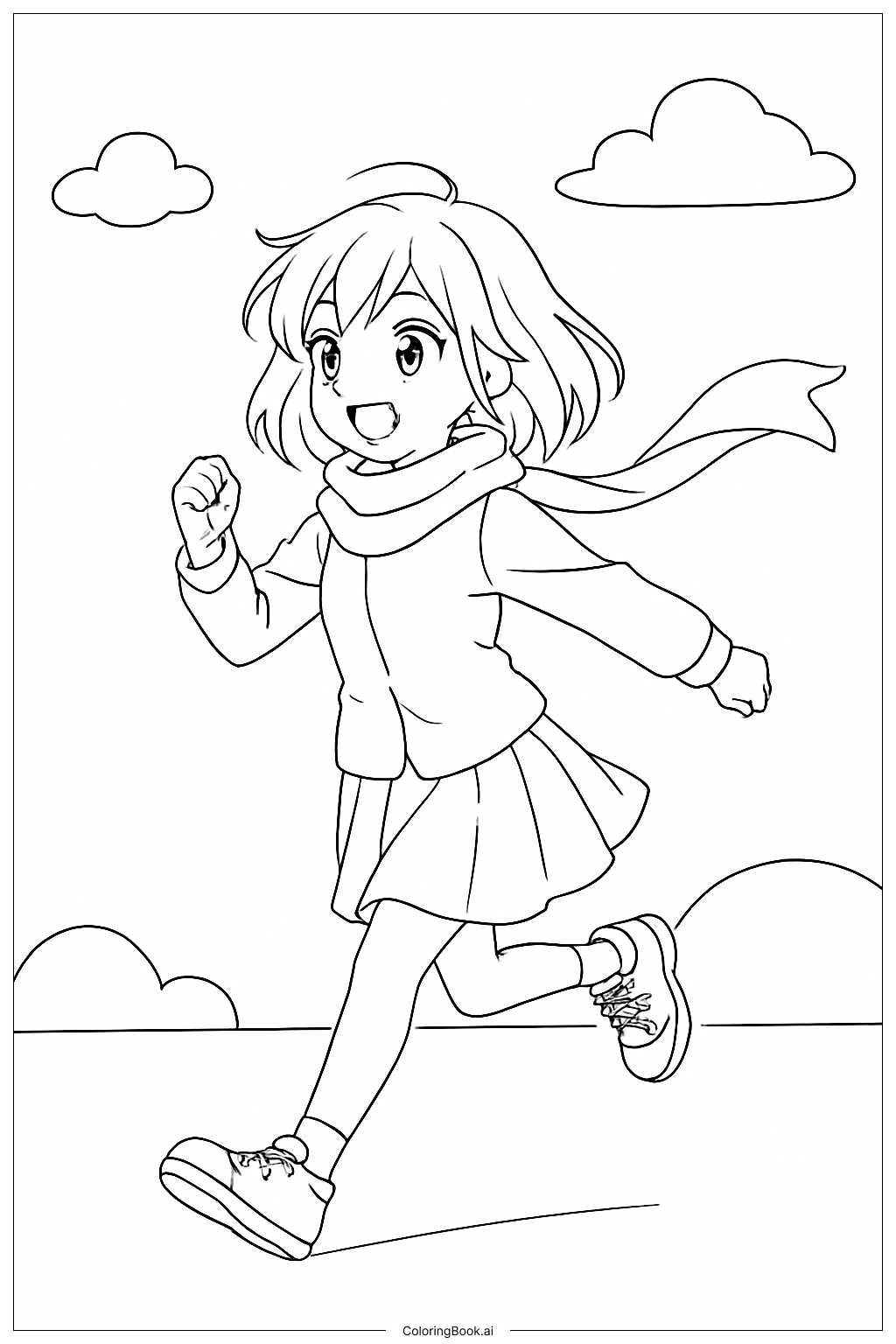  戴圍巾飛翔的動漫女孩著色頁 