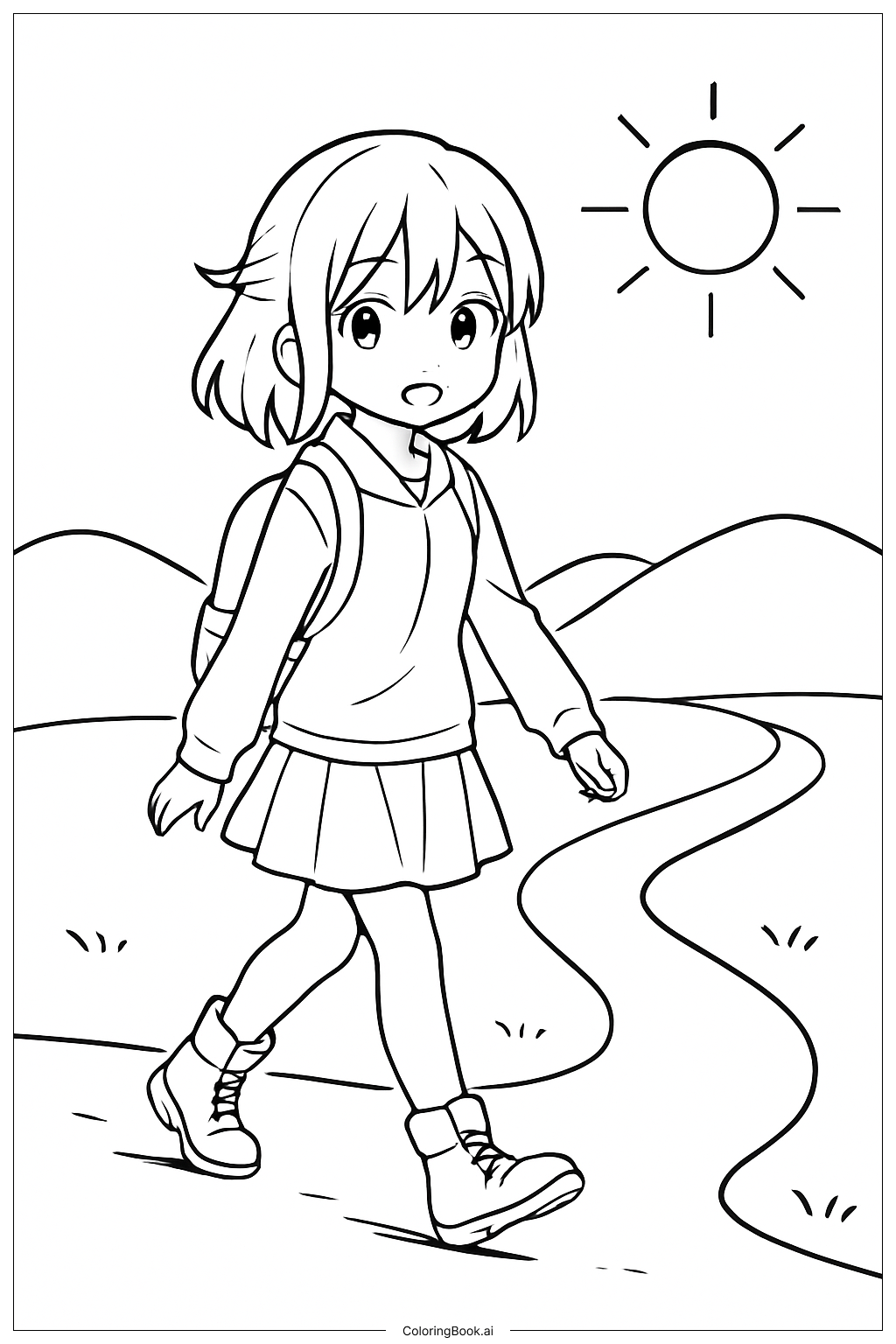  Anime-Mädchen beim Wandern Ausmalseite 