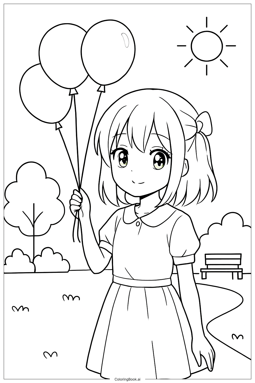  Anime-Mädchen mit einem Strauß Luftballons, mittel Ausmalseite 