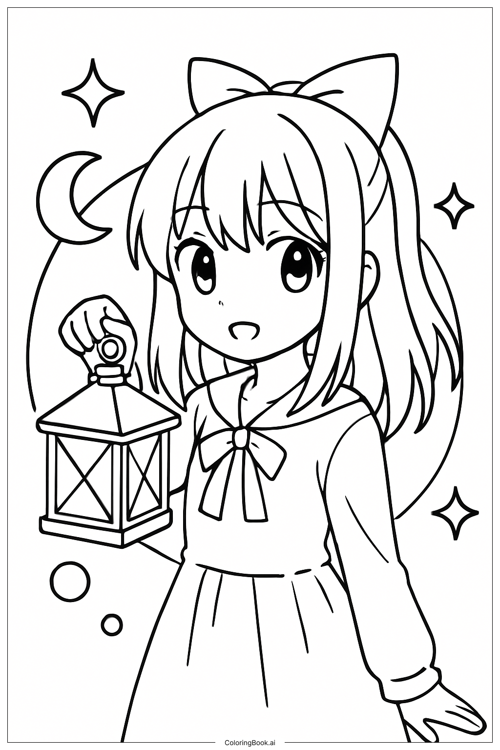  拿著燈籠的動漫女孩著色頁 