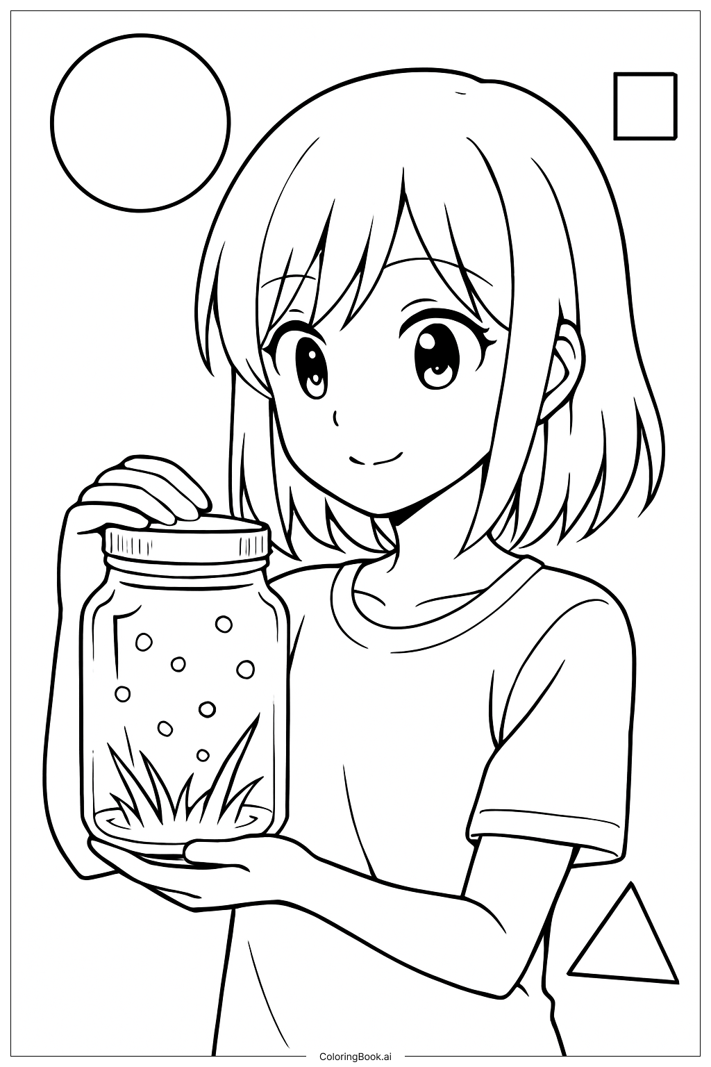  Anime-Mädchen, das Glühwürmchen beobachtet Ausmalseite 