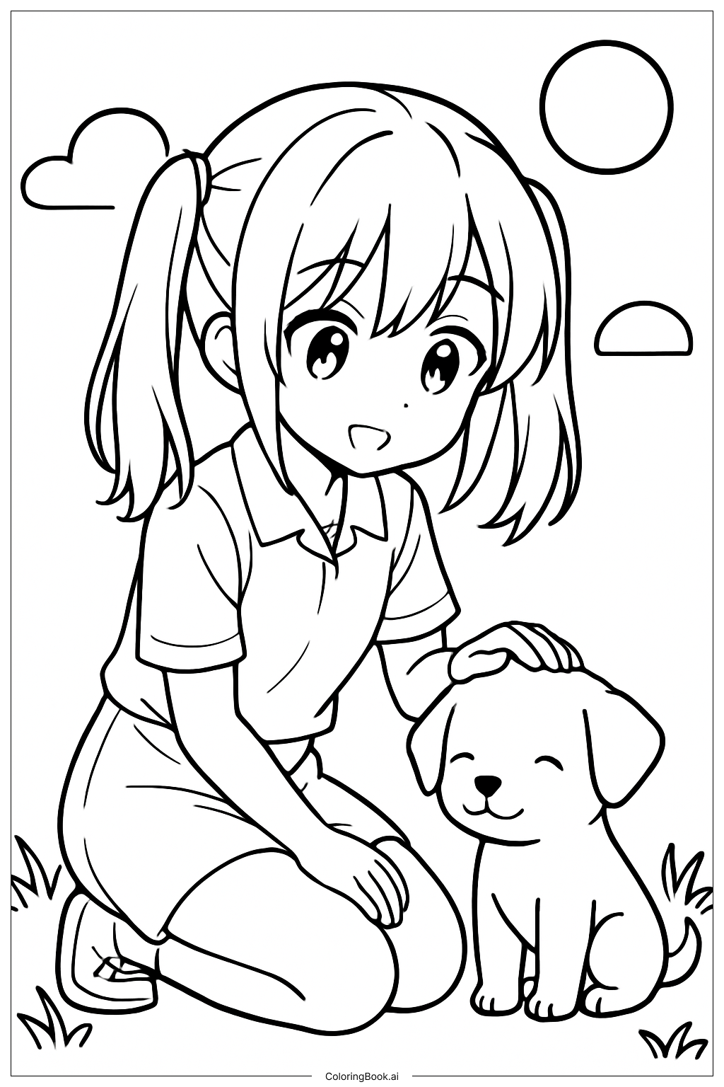  動漫少女與小狗著色頁 