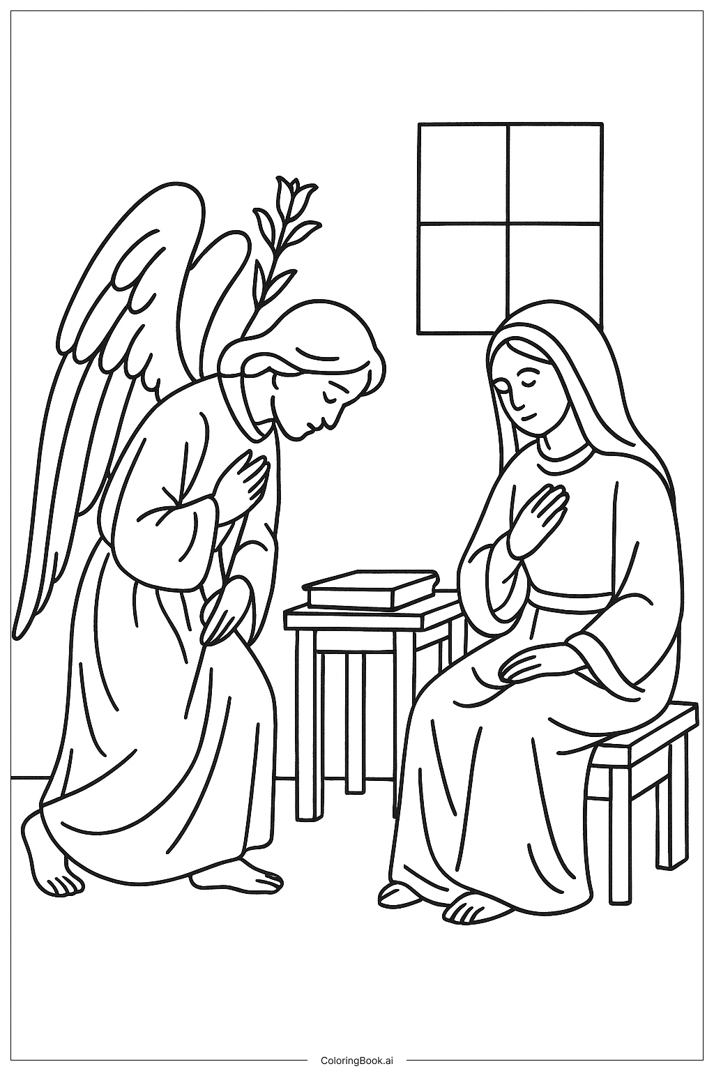 Page de coloriage Ange de l'Annonciation s'inclinant