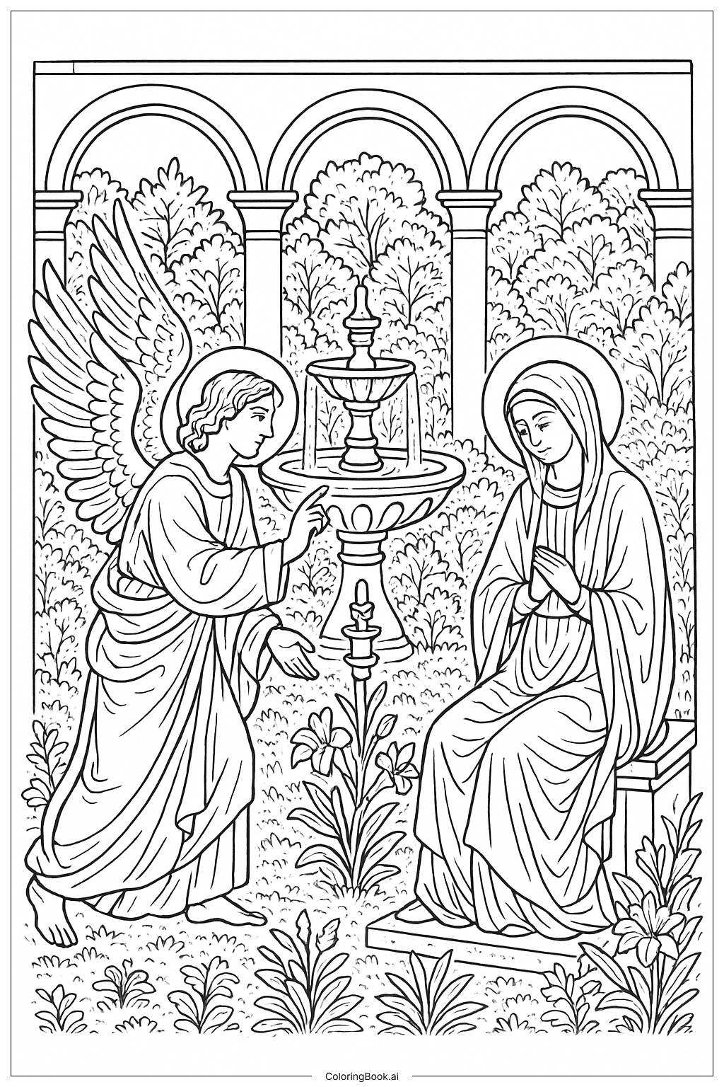  天使報喜噴泉花園著色頁 