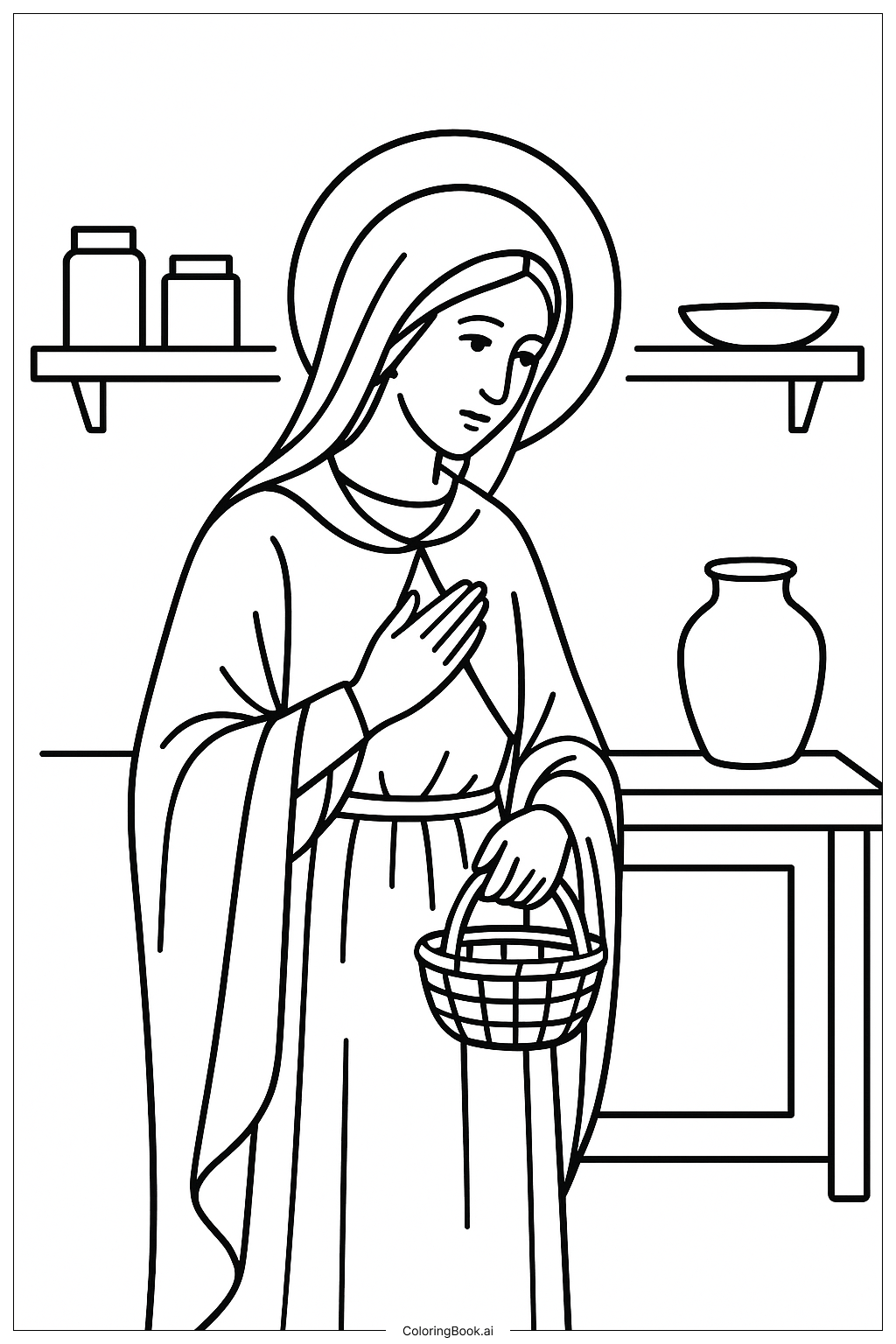 Page de coloriage Annonciation Marie avec panier