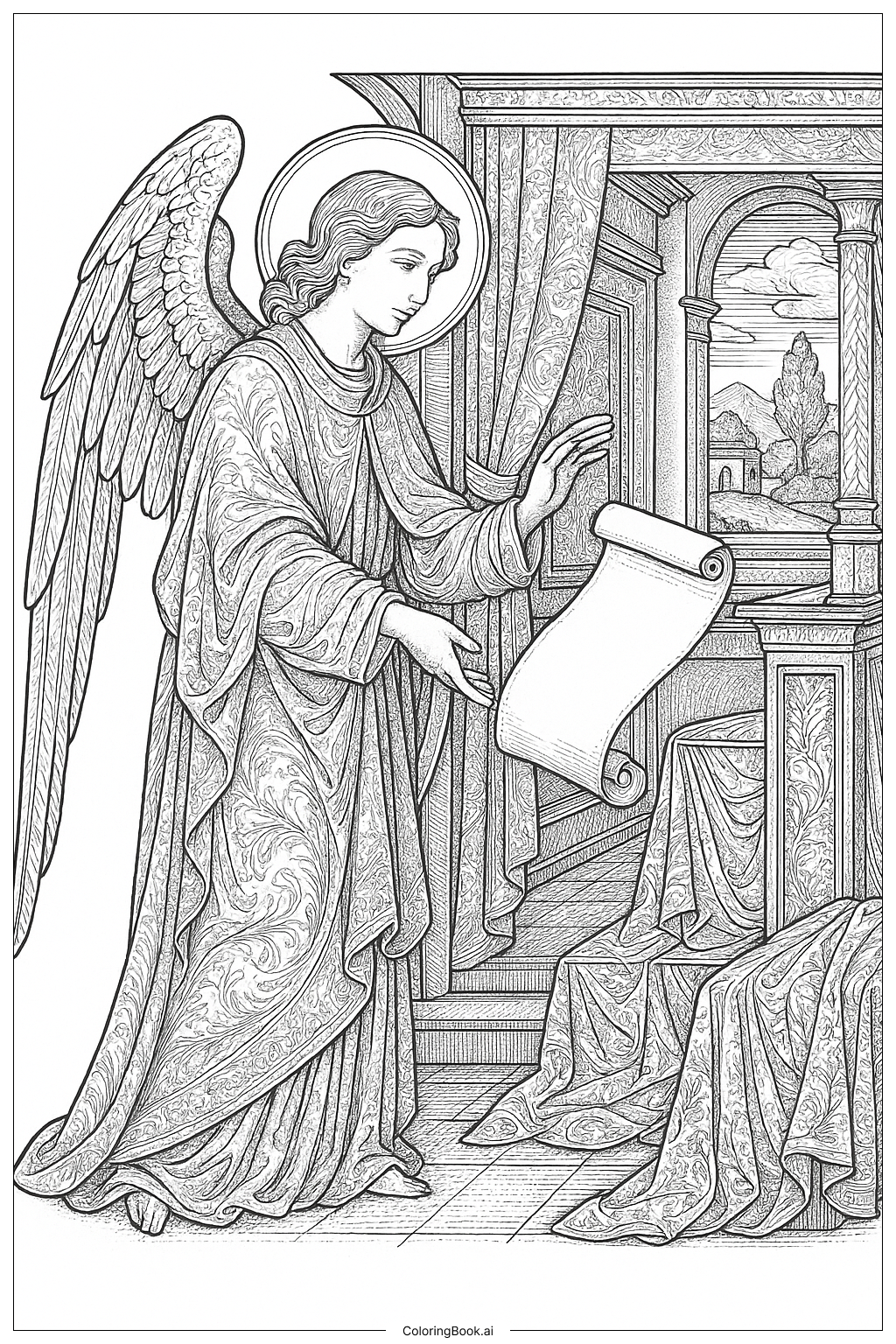  天使報喜華麗室內著色頁 