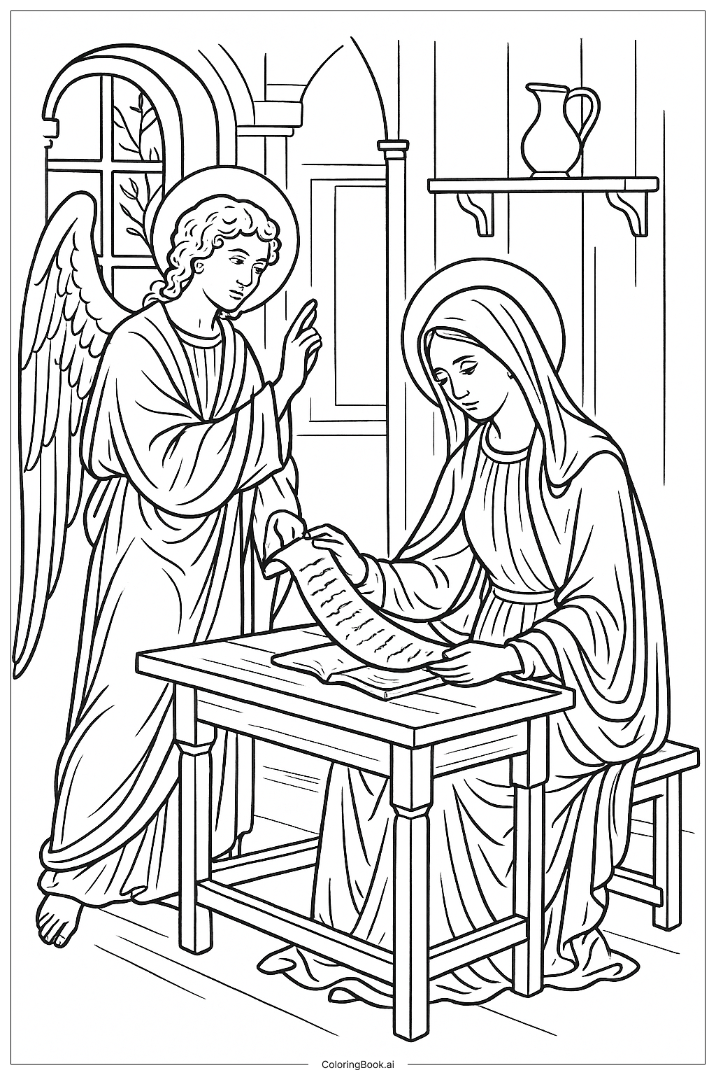  Página para colorear de Lectura del Pergamino de la Anunciación 