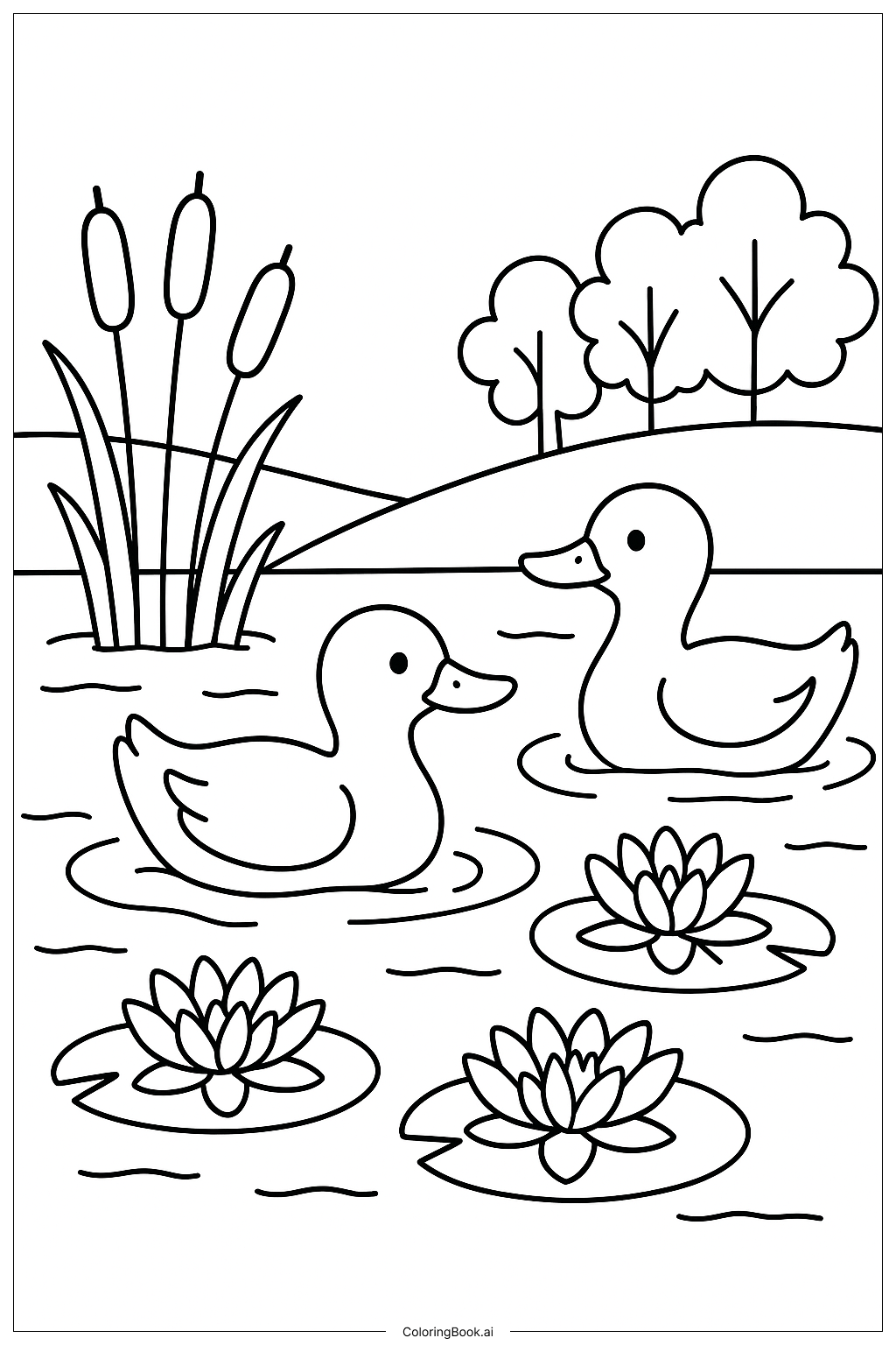  Página para colorear de Escena del Estanque en Abril 