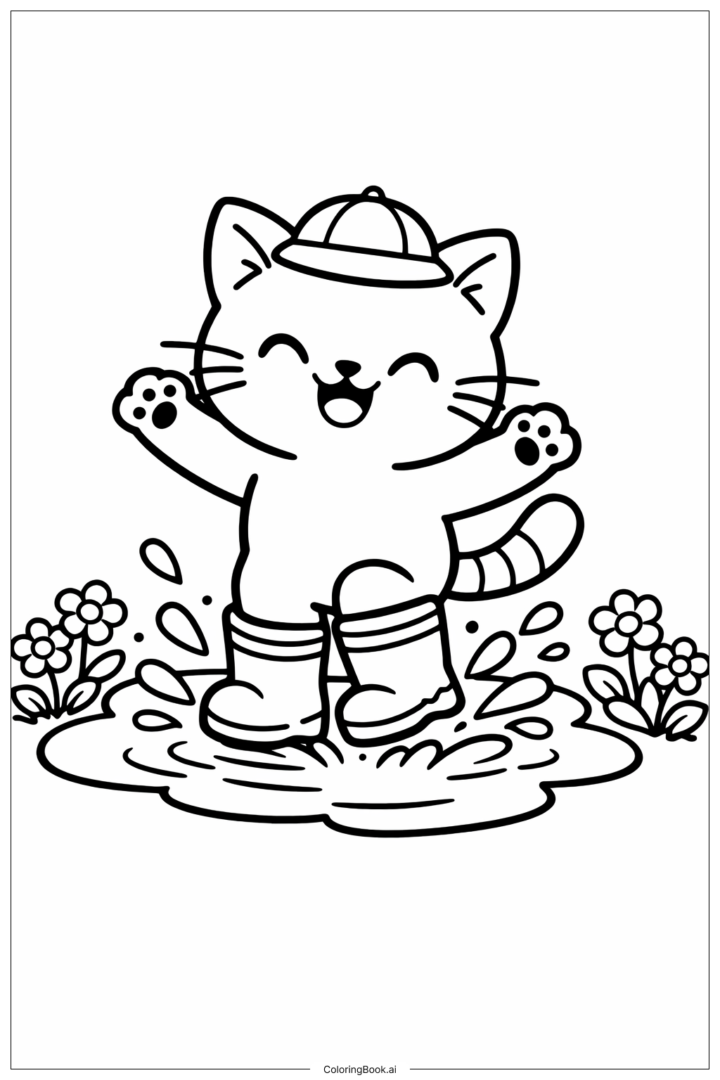  Página para colorir de Gatinhos com Chuva de Abril e Flores de Maio 