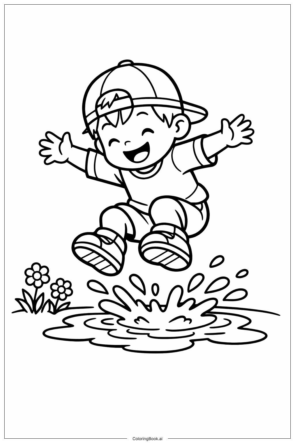  4月の雨は5月の花をもたらす 子供が水たまりを跳ぶの塗り絵ページ 