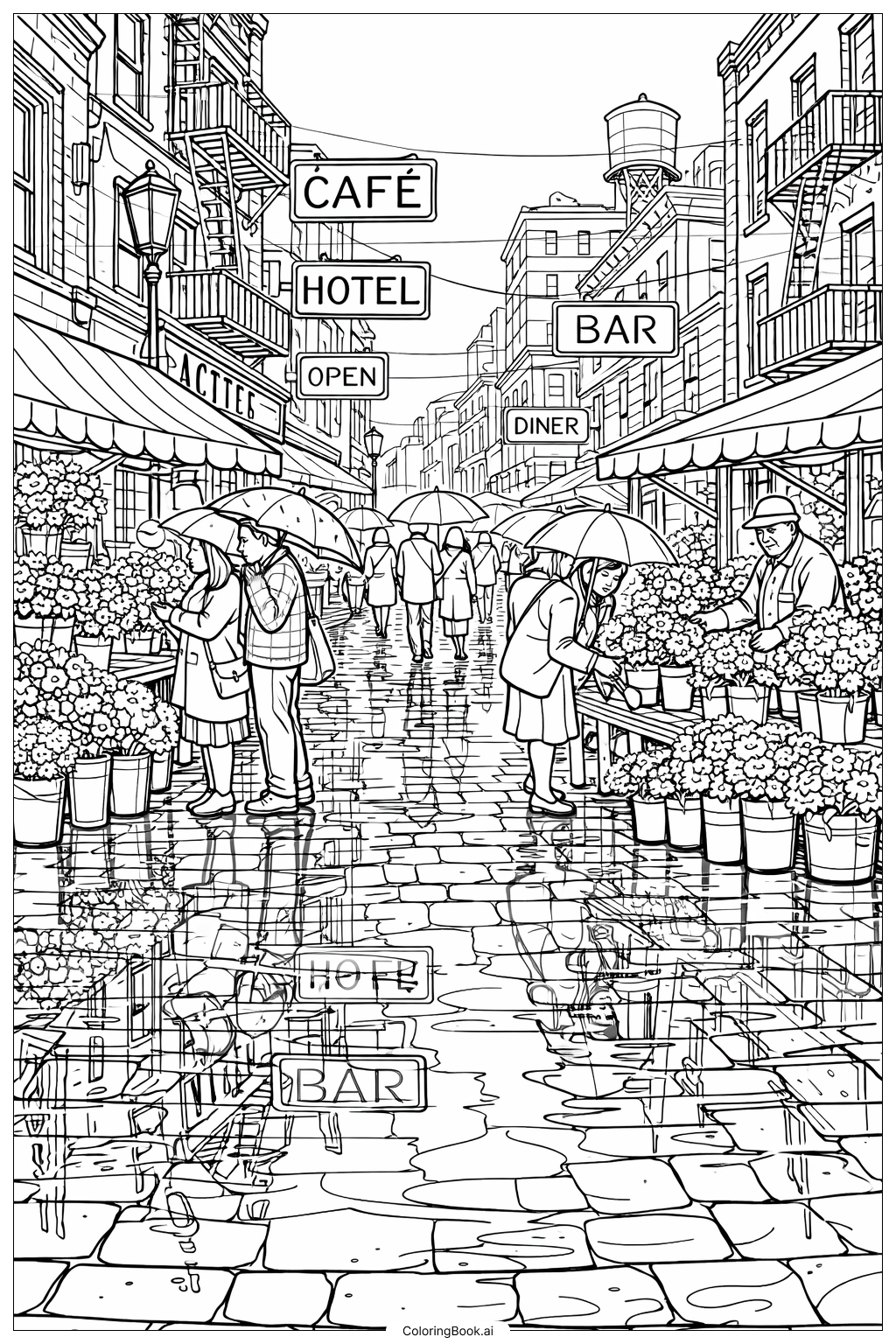  Page de coloriage Les averses d’avril apportent les fleurs de mai dans la rue du marché après la pluie 