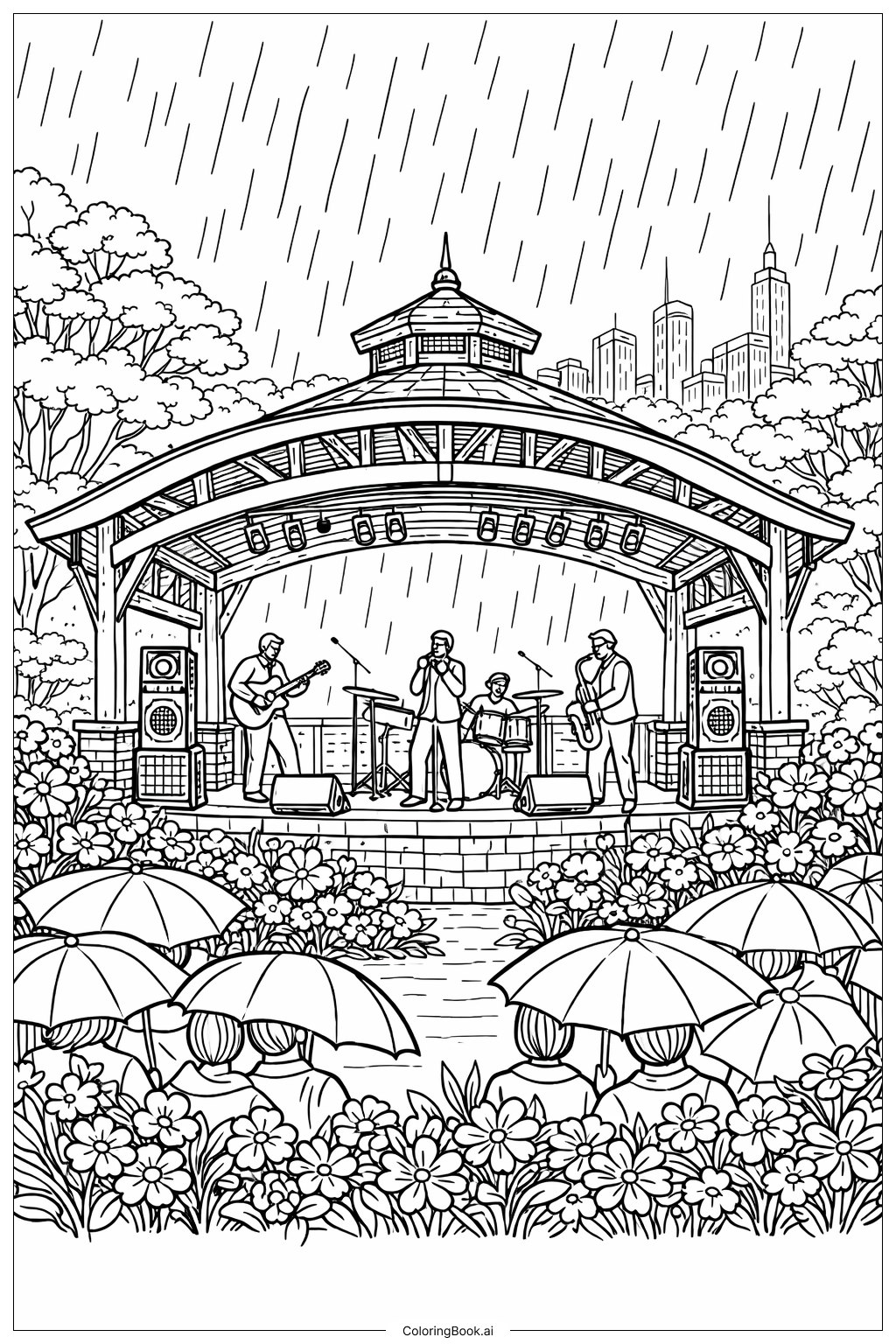  Page de coloriage Les averses d'avril apportent les fleurs de mai au concert dans le parc sous la pluie 