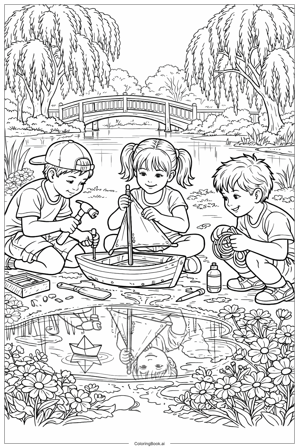  Page de coloriage Aventures en Bateau dans les Flaques sous les Pluies d'Avril qui Font Fleurir le Mois de Mai 