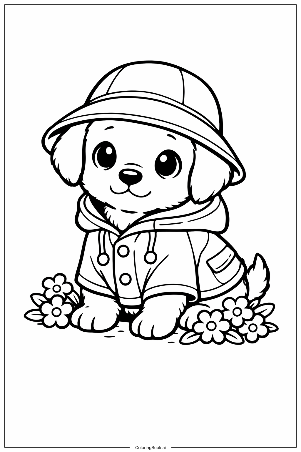  4月の雨が5月の花をもたらす レインコートを着た子犬の塗り絵ページ 