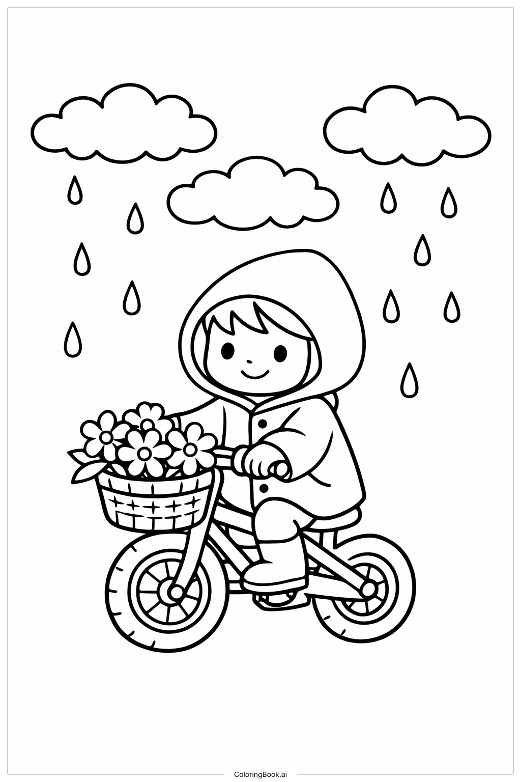  Página para colorir de Chuva de Abril Traz Flores de Maio Passeio de Bicicleta na Chuva 