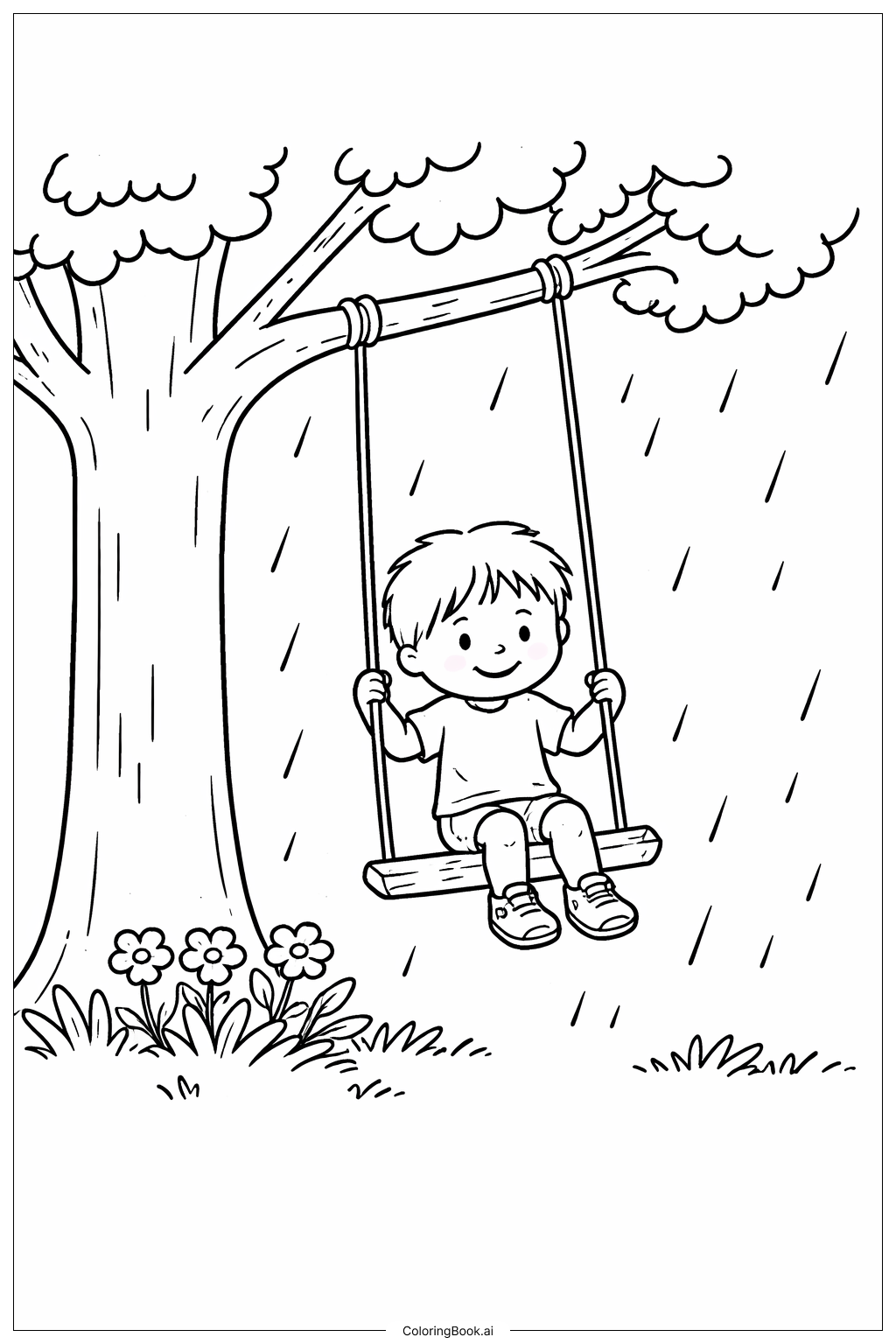  四月の雨は五月の花をもたらす 雨の日の木のブランコの塗り絵ページ 