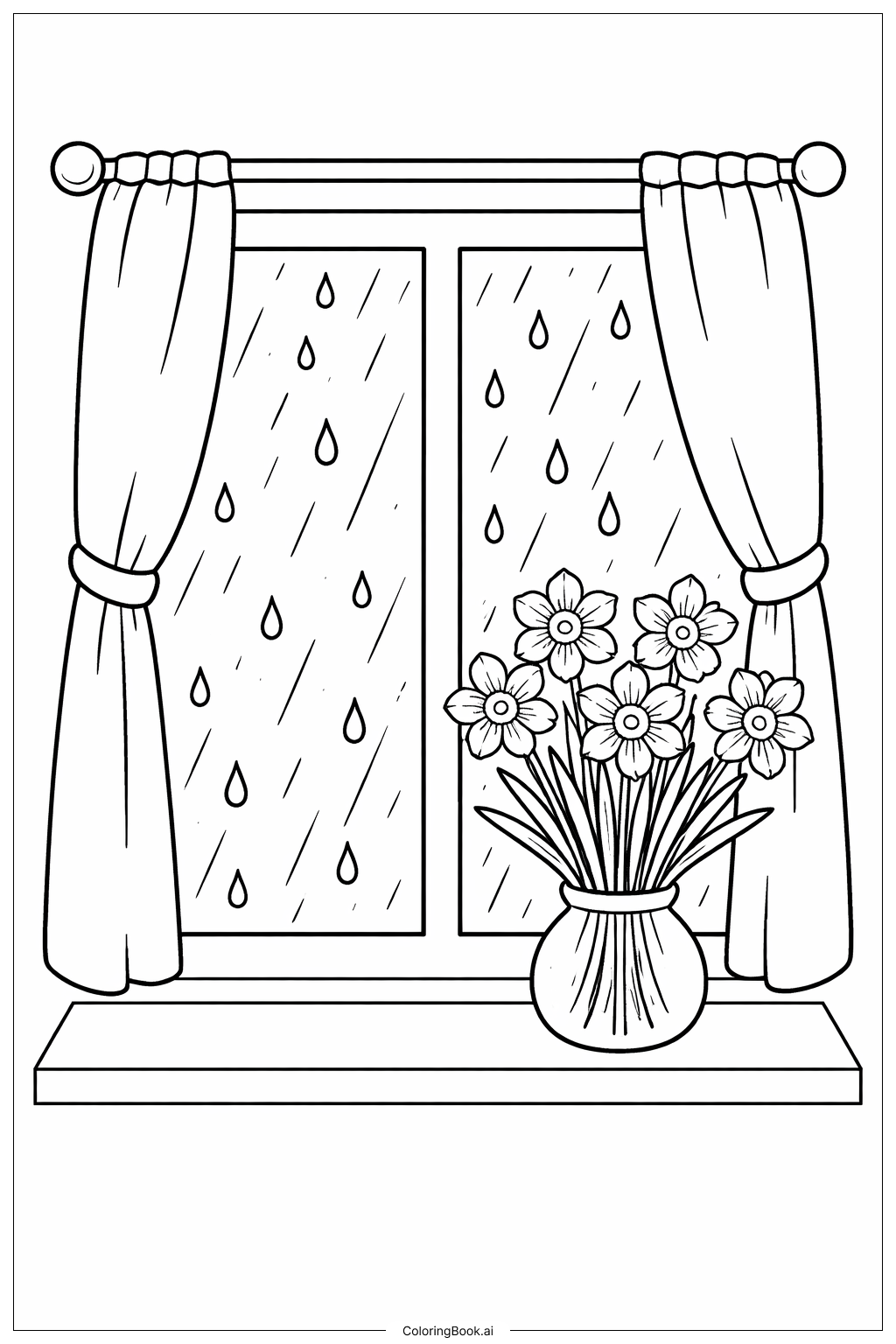  Página para colorir de Chuvas de Abril Trazem Flores de Maio Janela Chuvosa 