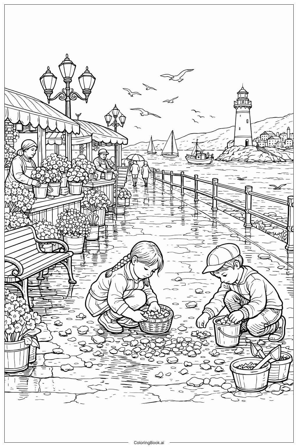  Page de coloriage Les averses d'avril apportent les fleurs de mai Promenade au bord de mer après la pluie 