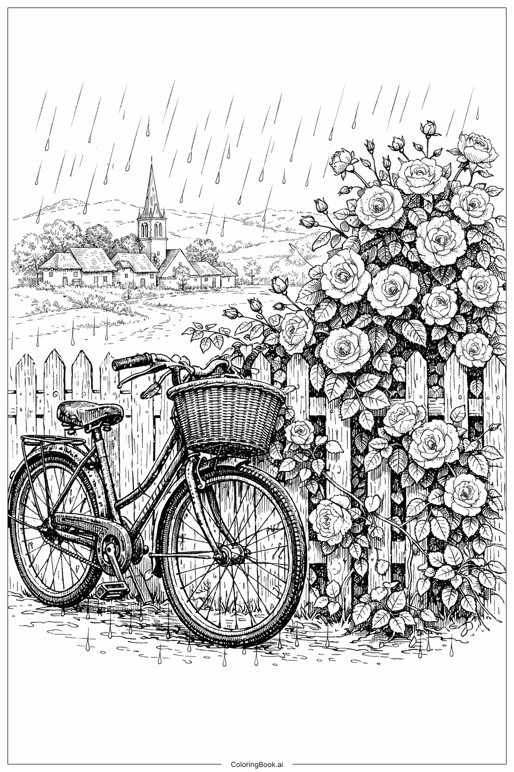  Page de coloriage Le dicton d'avril : les averses font éclore les fleurs de mai avec un vélo vintage appuyé contre une clôture 