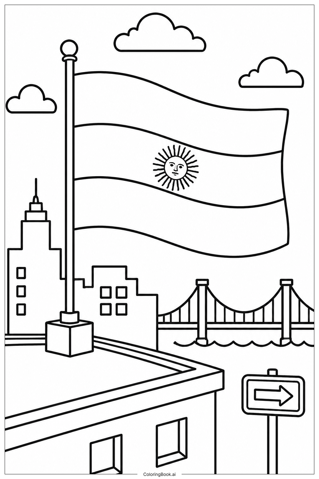 Page de coloriage Drapeau Argentin sur Fond de Skyline Urbaine