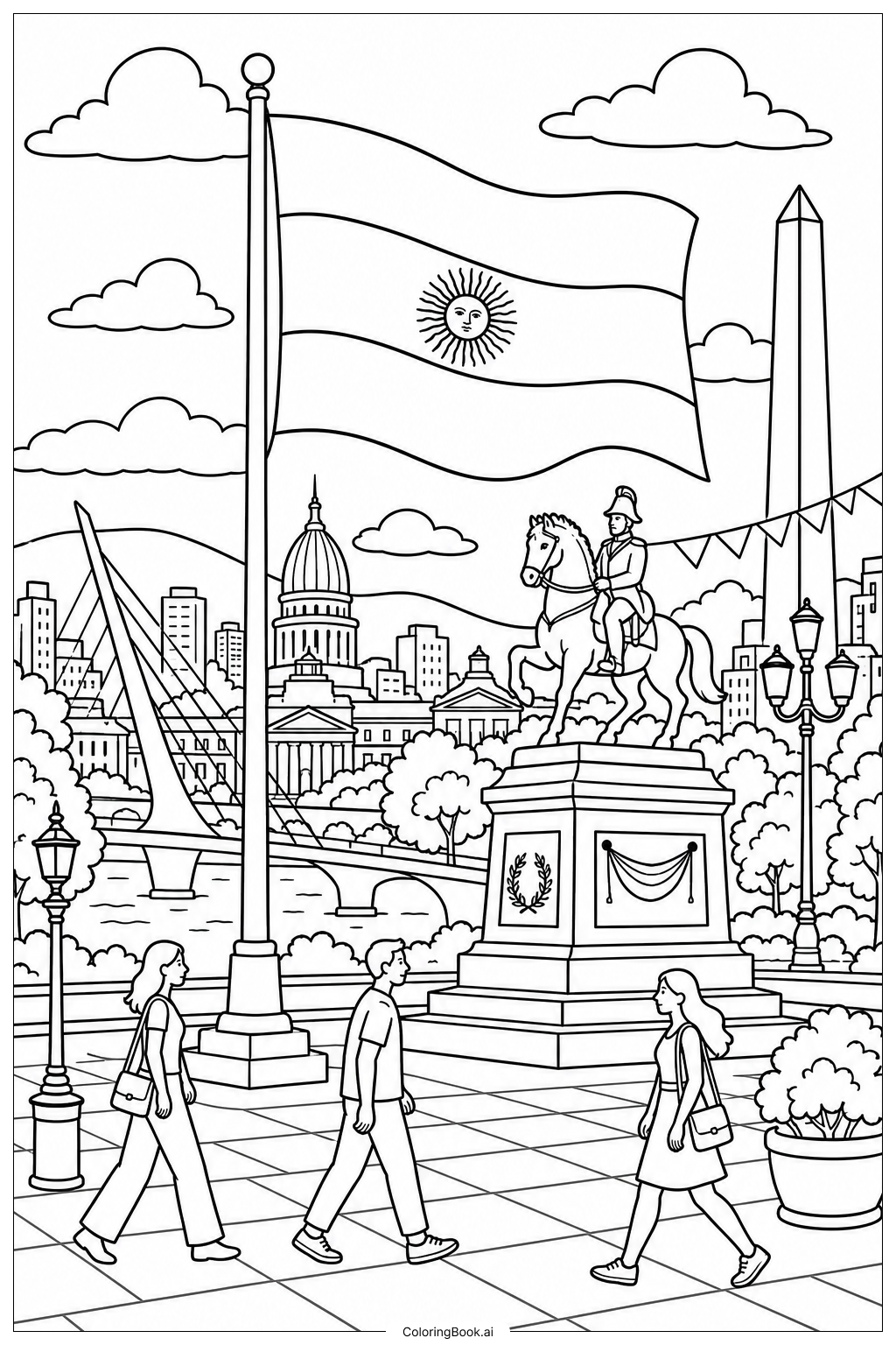 Page de coloriage Panorama Urbain avec Drapeau de l'Argentine