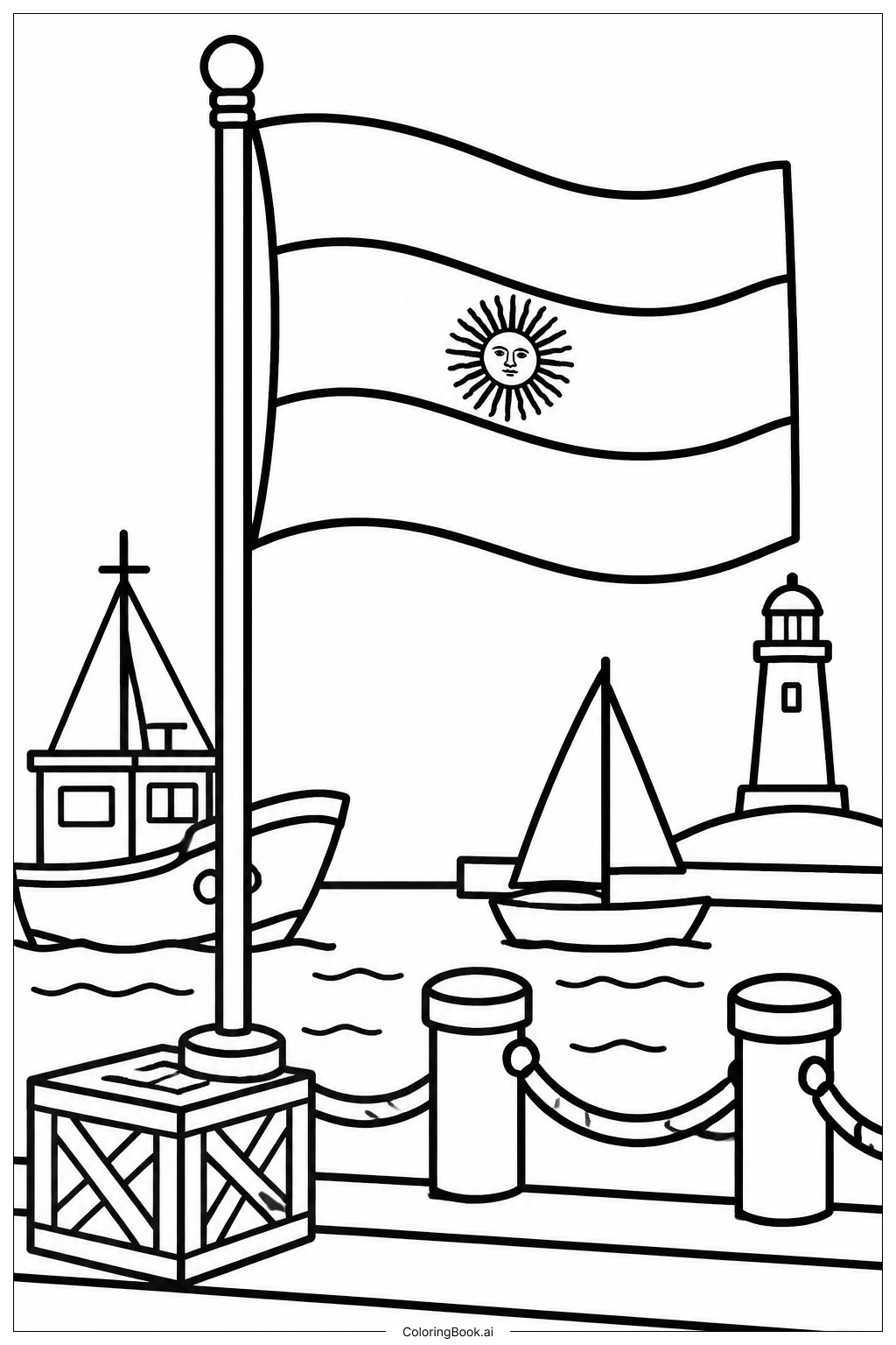 Page de coloriage Scène de port avec drapeau argentin