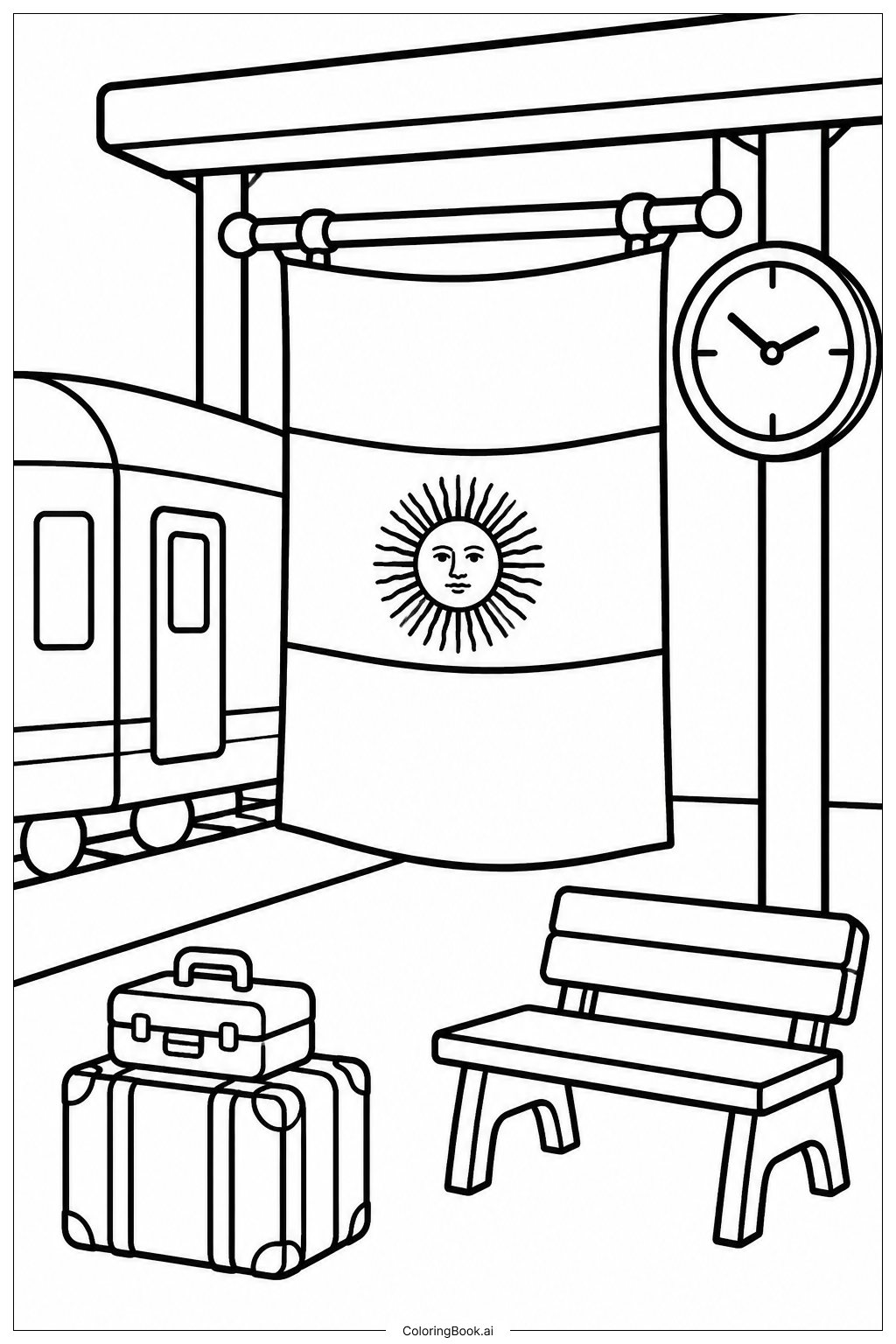 Page de coloriage Gare avec le drapeau argentin