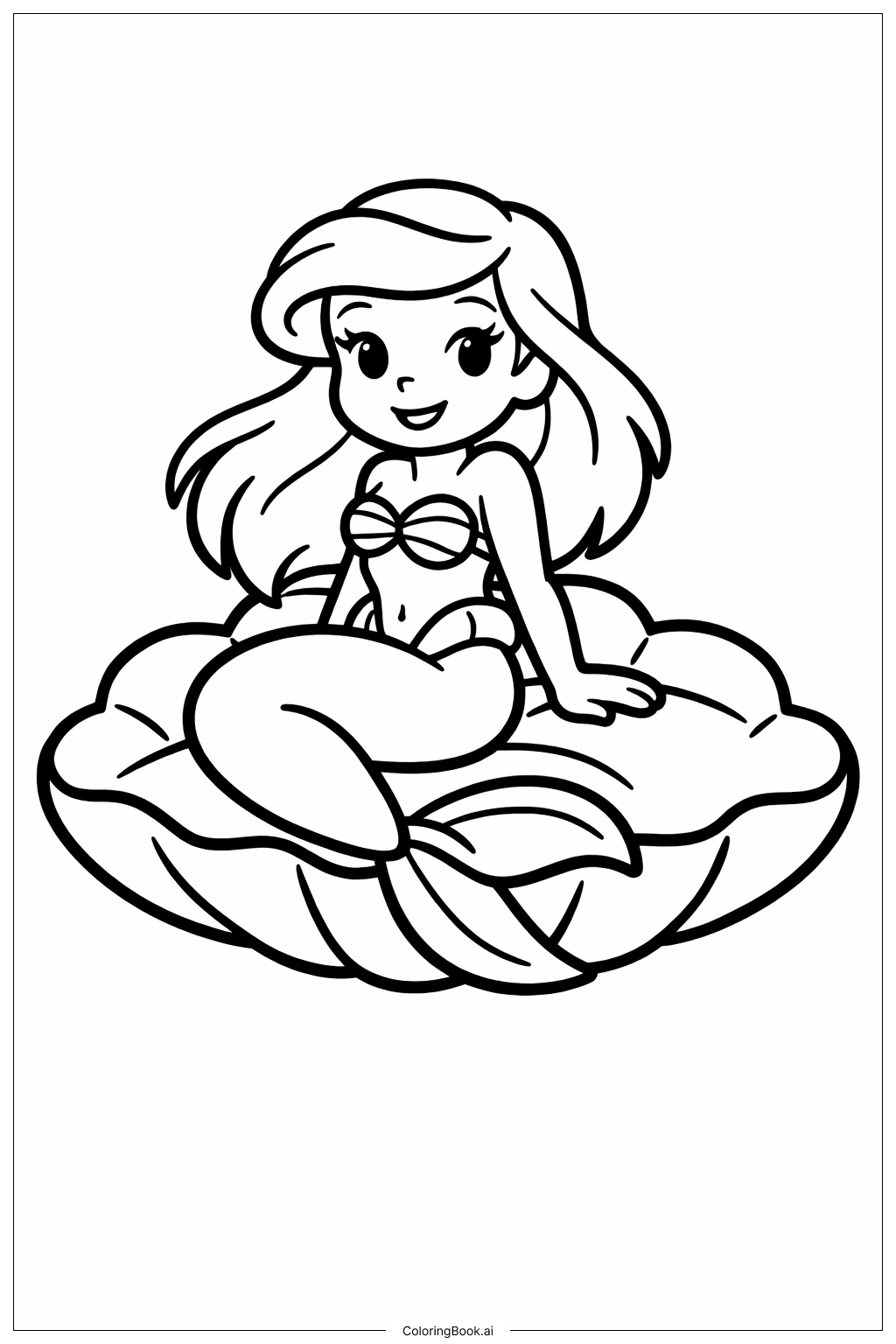  Trang tô màu Công chúa tiên cá Ariel ngồi trên vỏ sò 