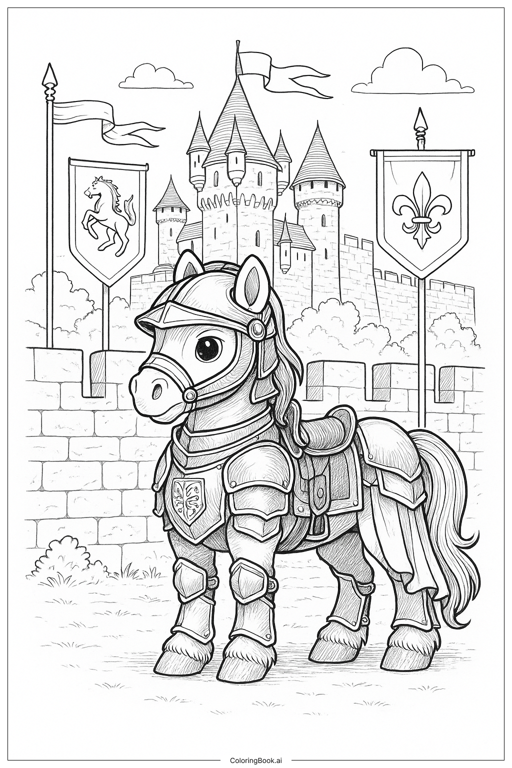  城堡上的鎧甲小馬著色頁 