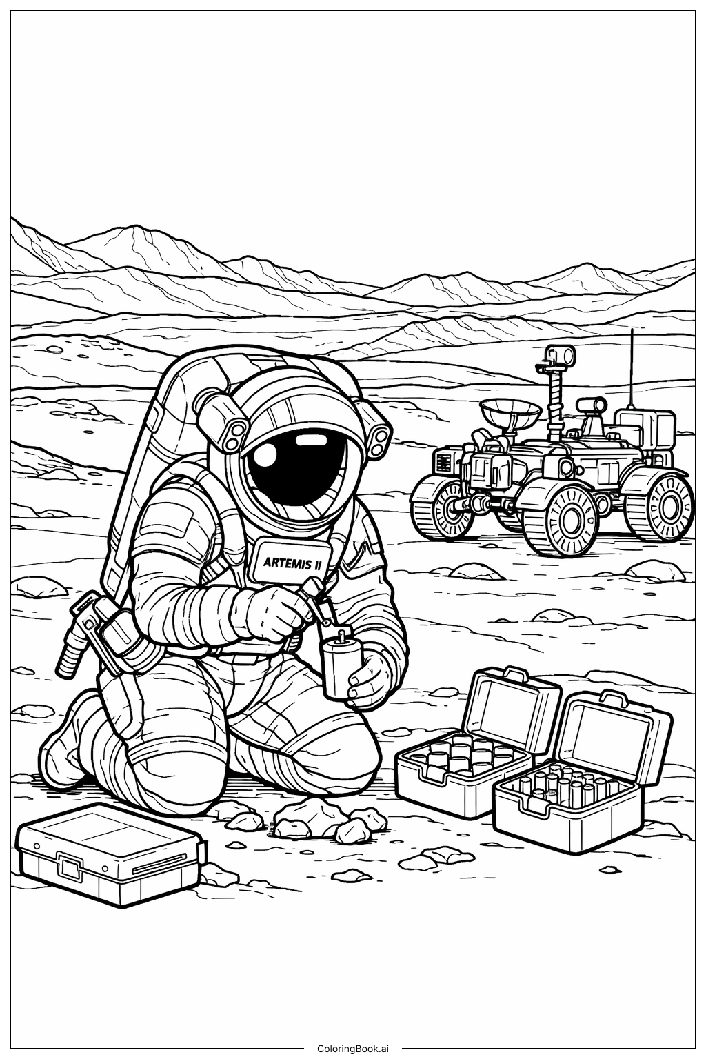 Artemis II Astronaut bei der Mondprobenentnahme Ausmalseite