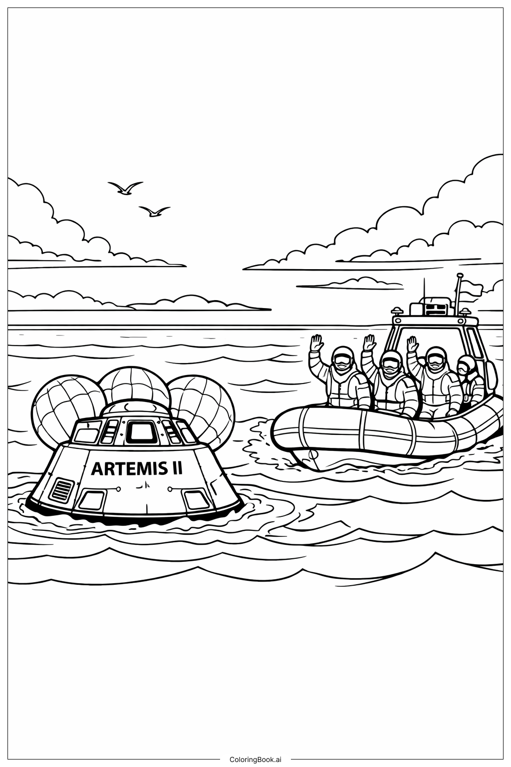 Artemis II Celebration Return Splashdown Scene Coloring Page