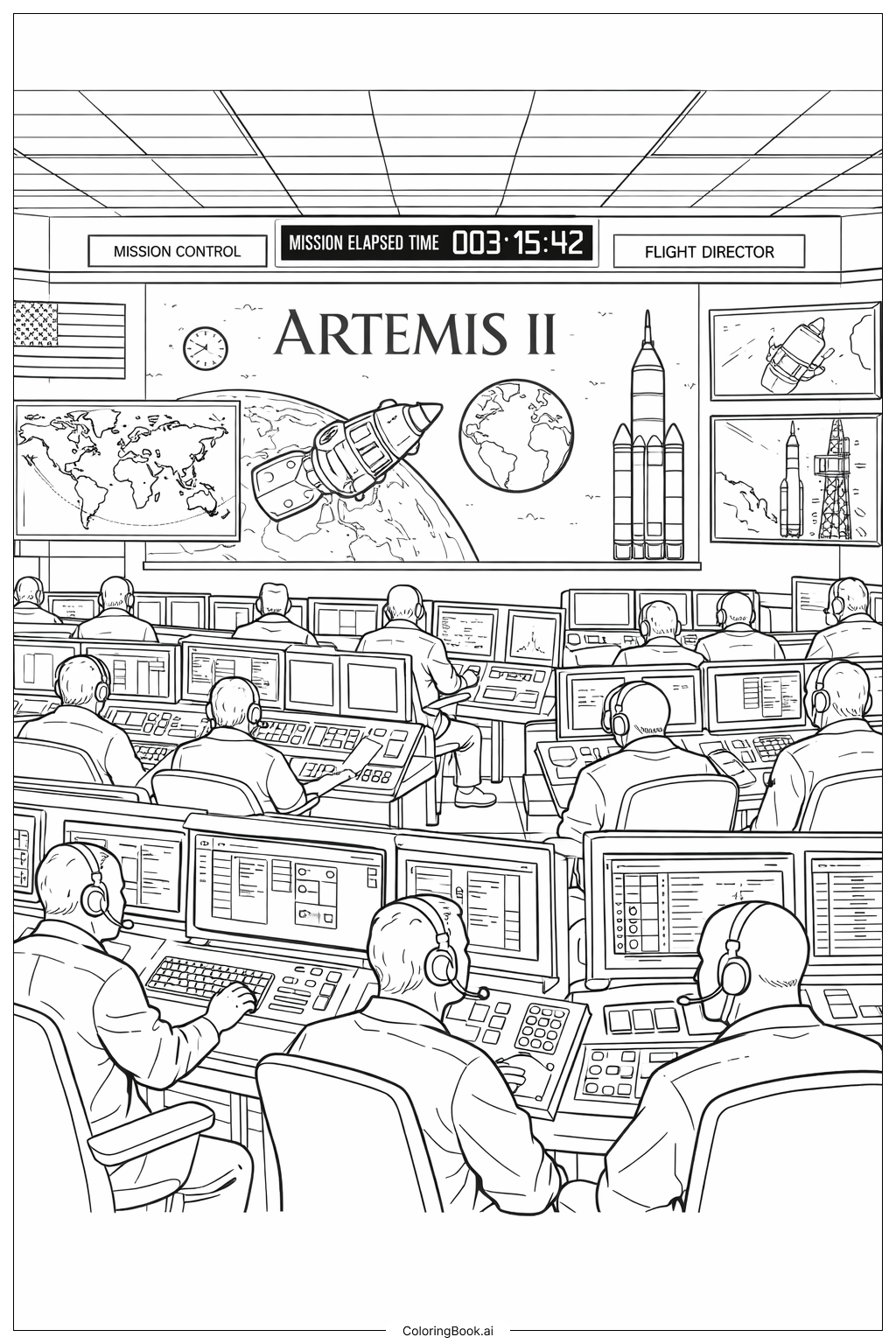 アルテミスII号 管制室 画面いっぱいの塗り絵ページ