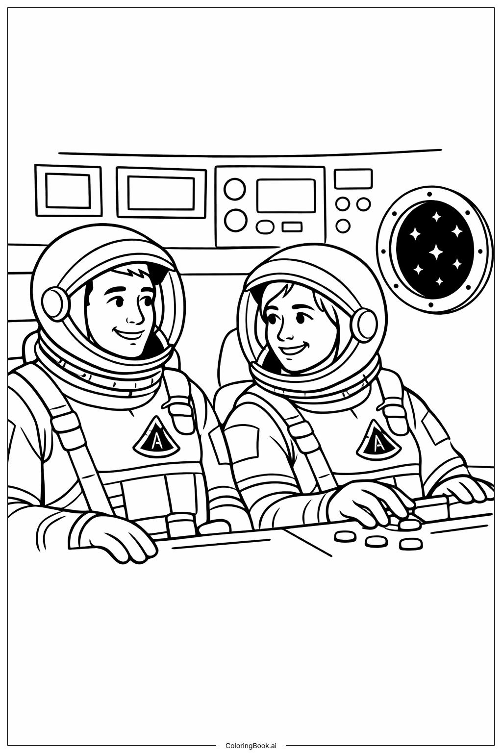 Página para colorear de Tripulación Artemis II dentro de la cápsula