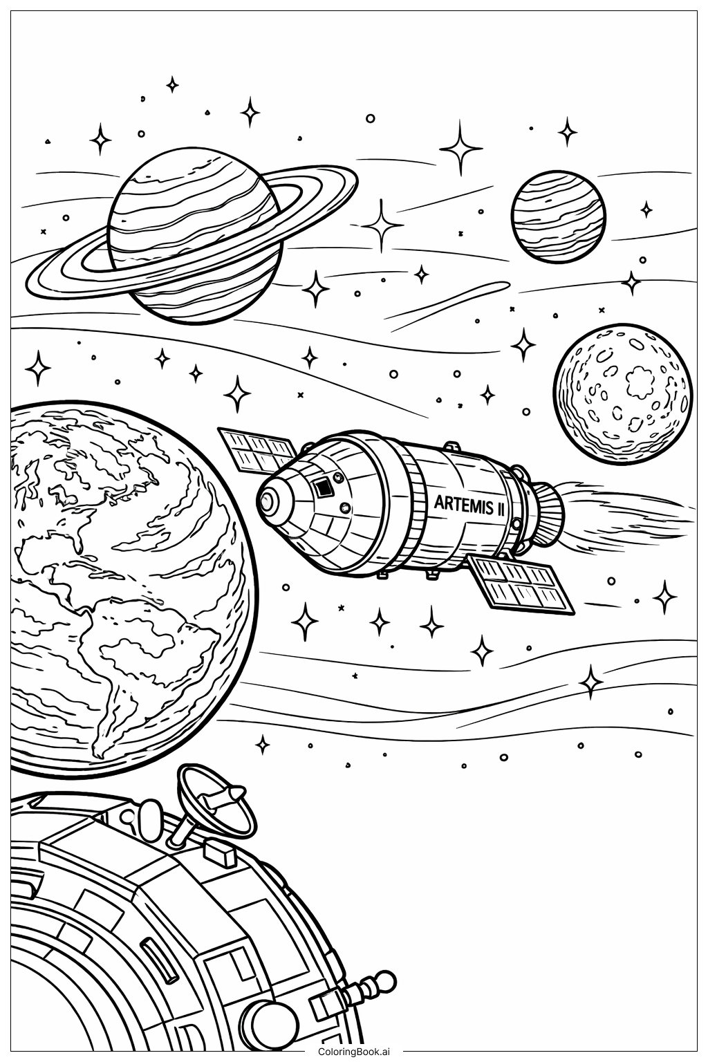  Página para colorear de Panorama del Tránsito Tierra-Luna de Artemis II 